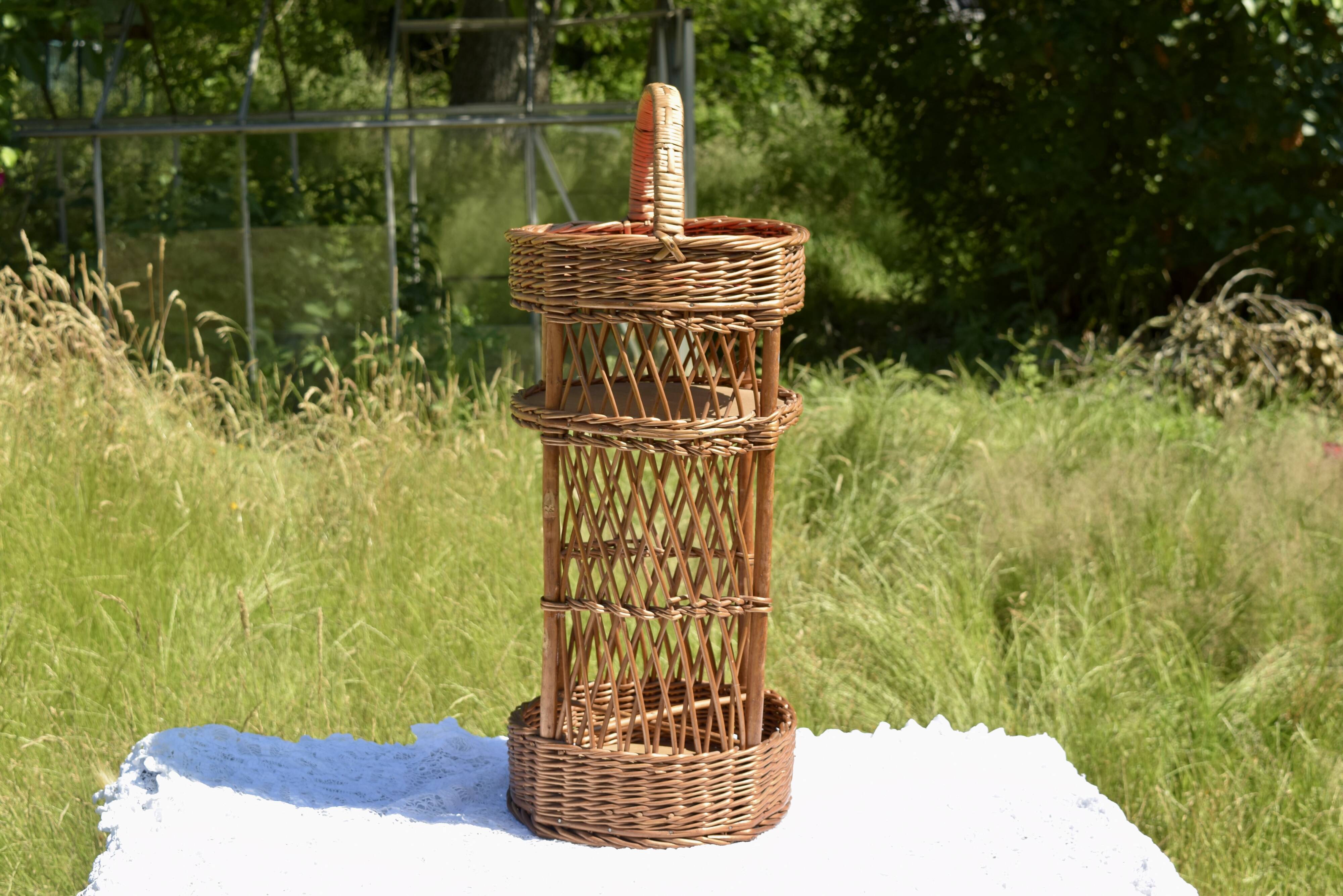 Wicker bottle holder basket with slots for plates and glasses - 1970s