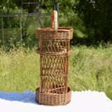 Wicker bottle holder basket with slots for plates and glasses - 1970s