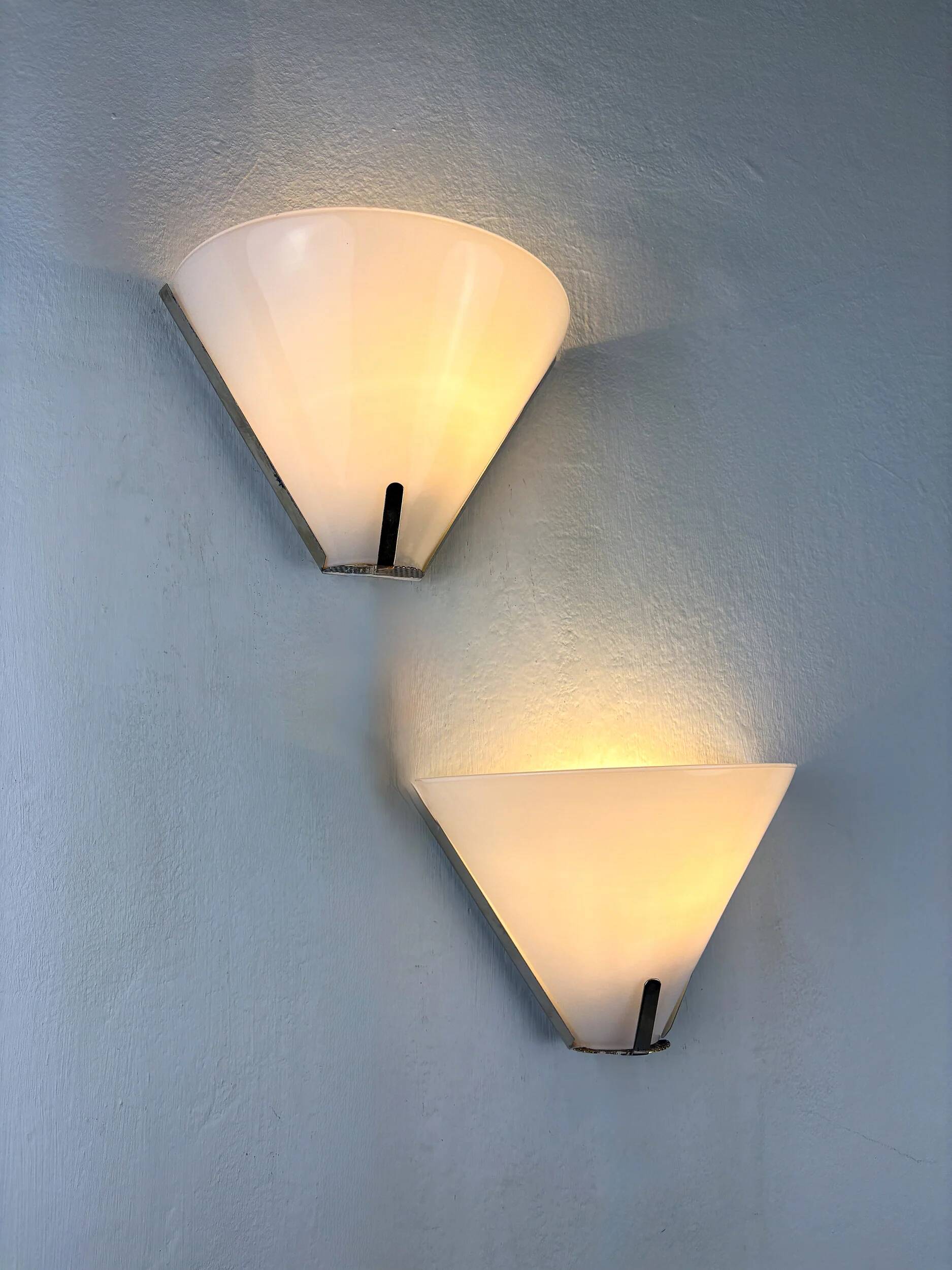 Pair of mid-century conical opal glass wall lights, Italy 1960s