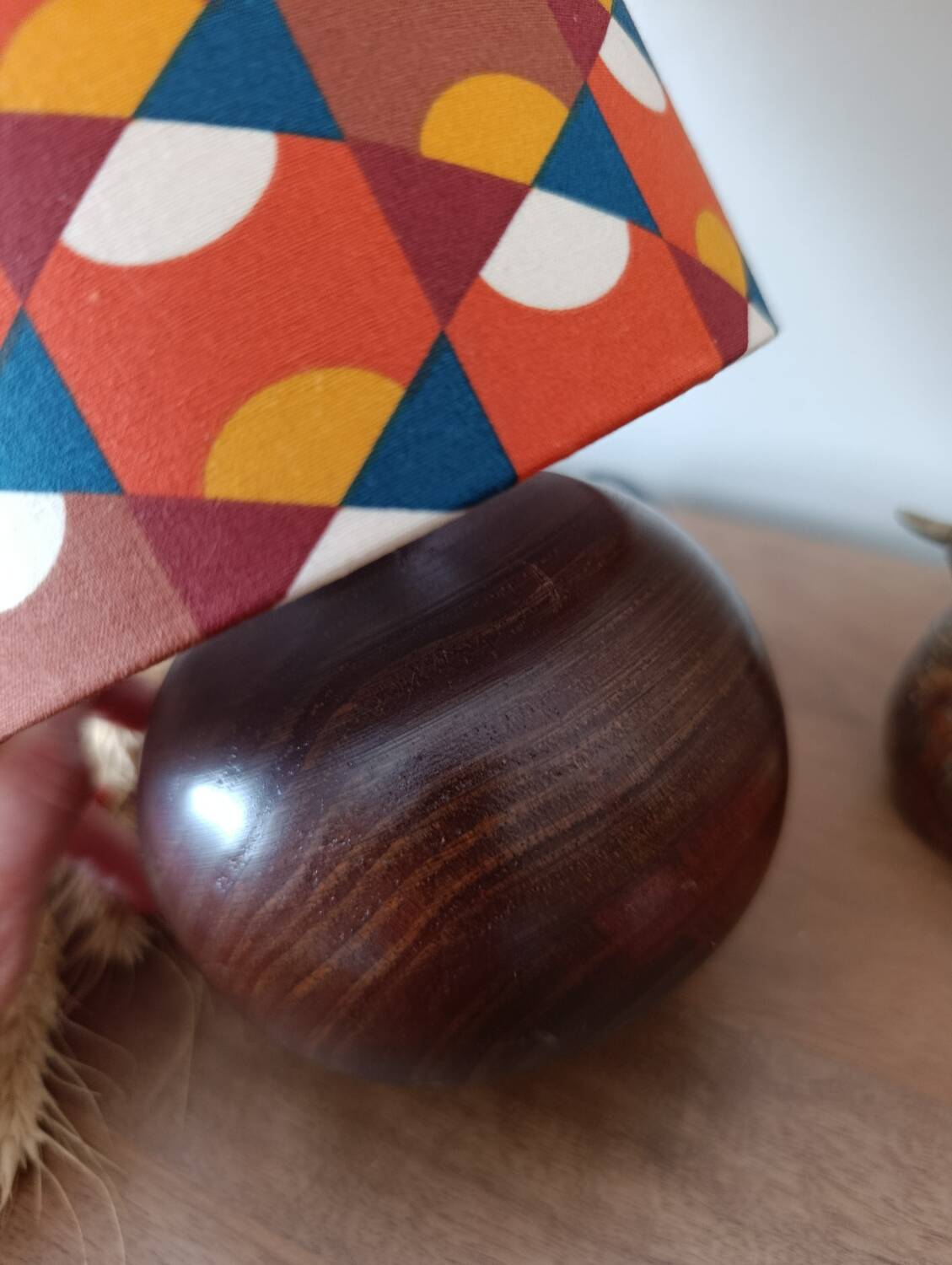 vintage wooden ball lamp, graphic lampshade in 70s style