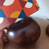 vintage wooden ball lamp, graphic lampshade in 70s style