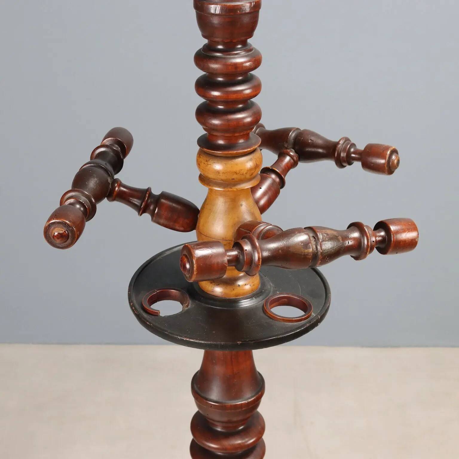 Antique coat rack in elm and maple, Italy, 19th century