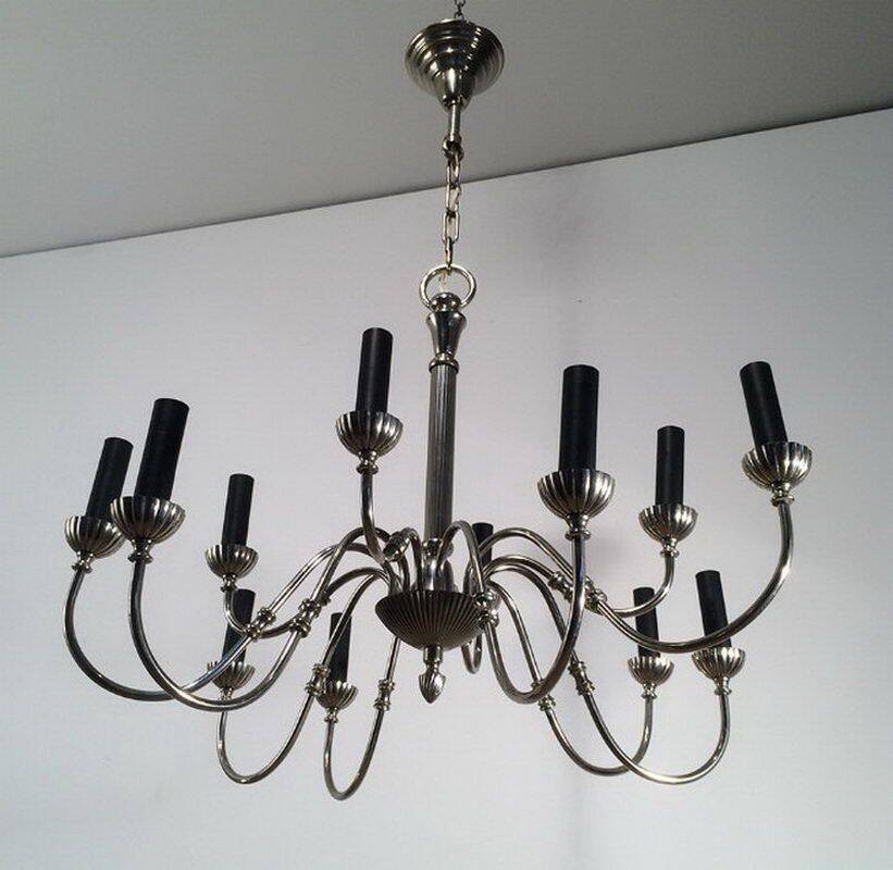Neoclassical style chandelier in silver-plated metal with 12 lights