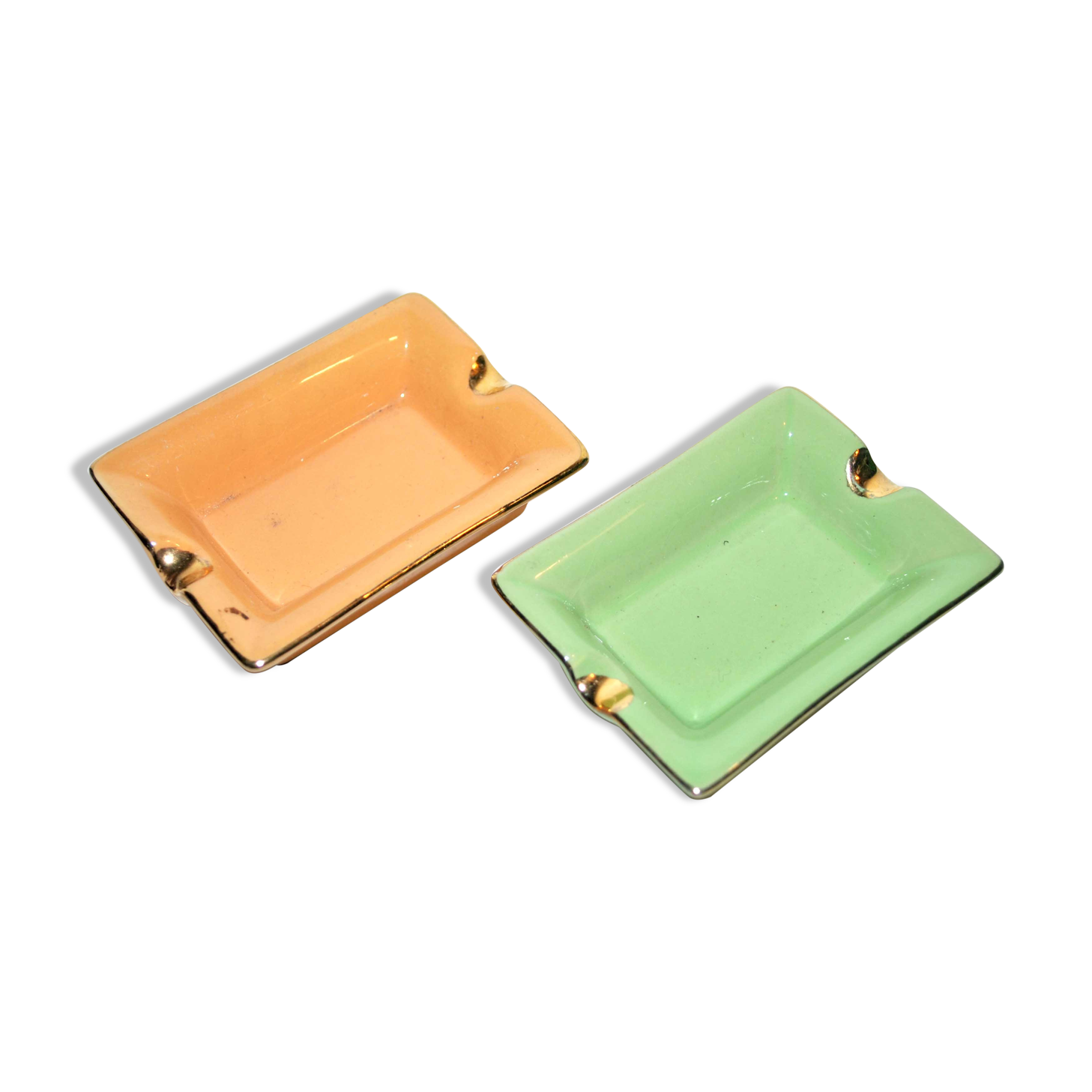 Pair of vintage ashtrays in glazed ceramic and golden orange and green