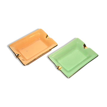Pair of vintage ashtrays in glazed ceramic and golden orange and green