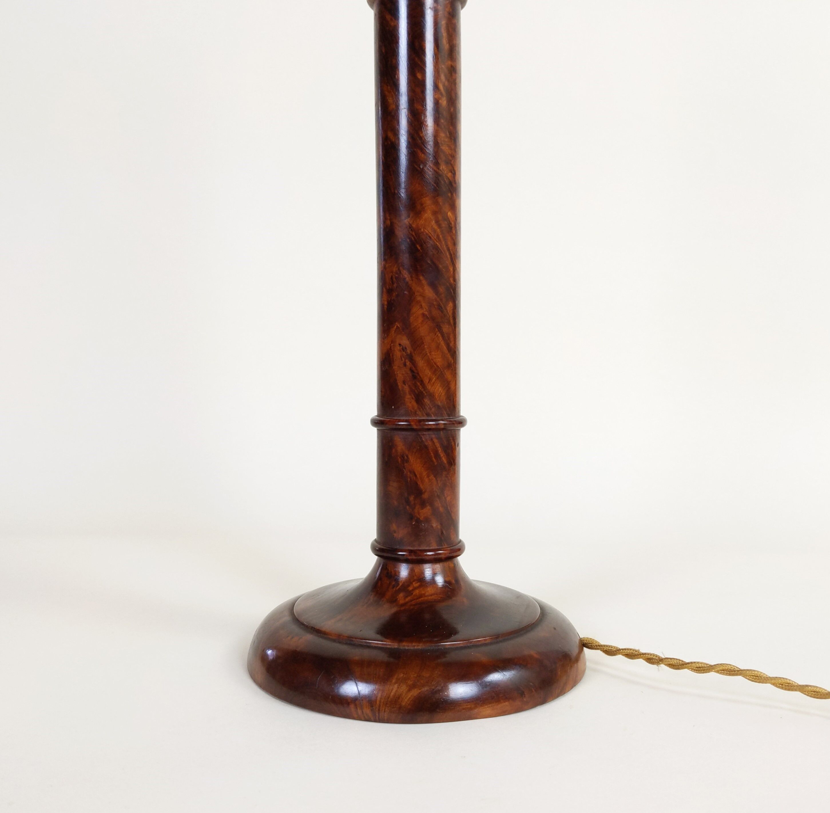 Hand-turned bramble wood lamp foot with golden twisted fabric cable