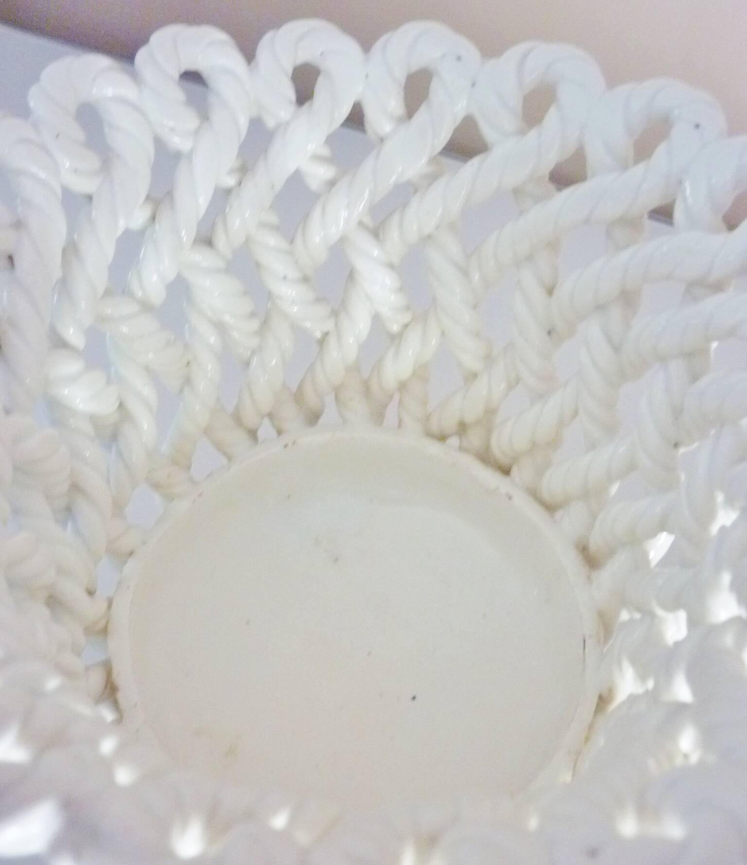 White enameled ceramic pot cover, braided, openwork, vintage