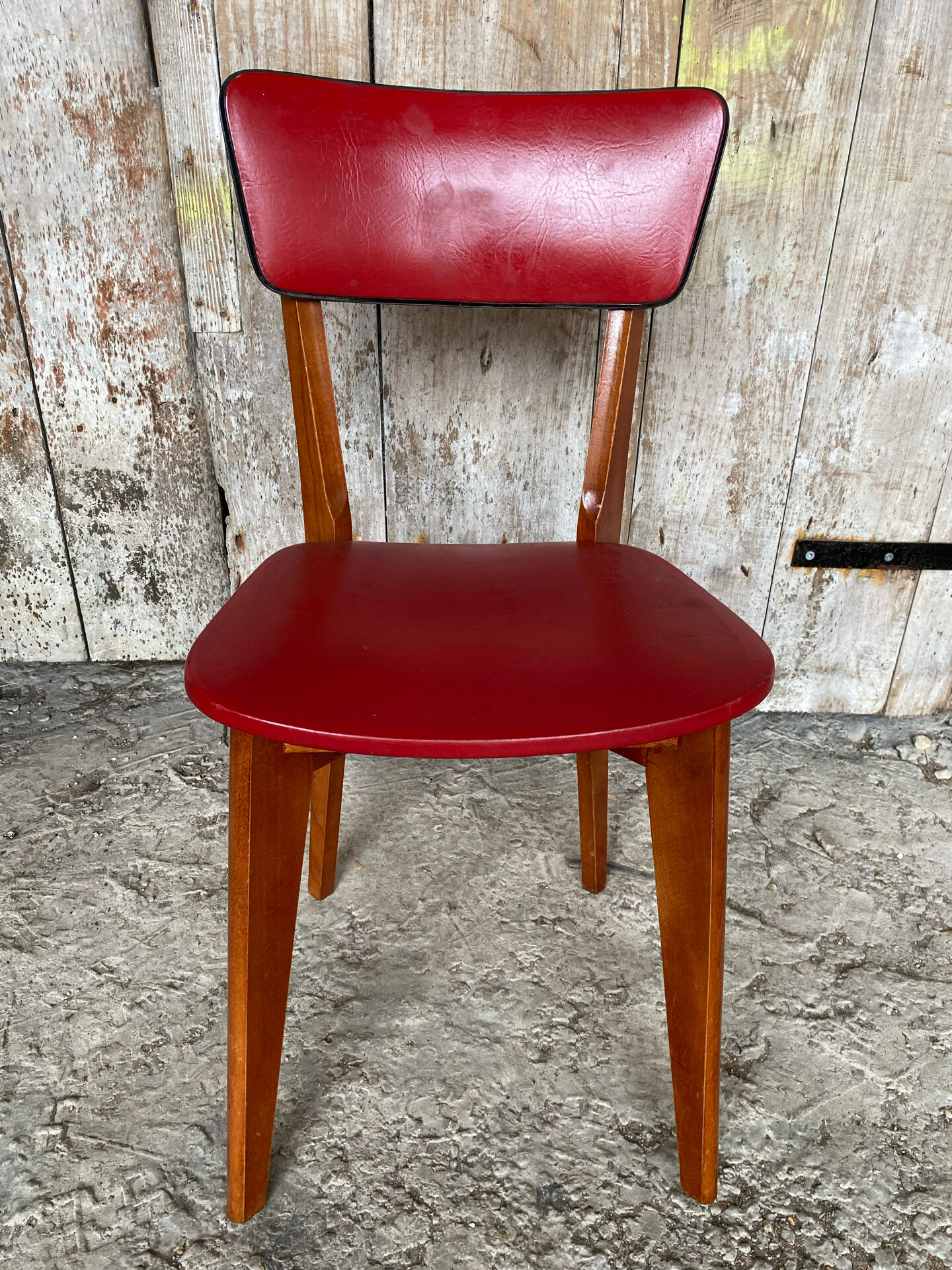 Vintage 1960s Scandinavian Chair Wood + Red Faux Leather