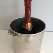 Cylindrical Silver-Plated Champagne Bucket with Small Leaf-Shaped Handles.