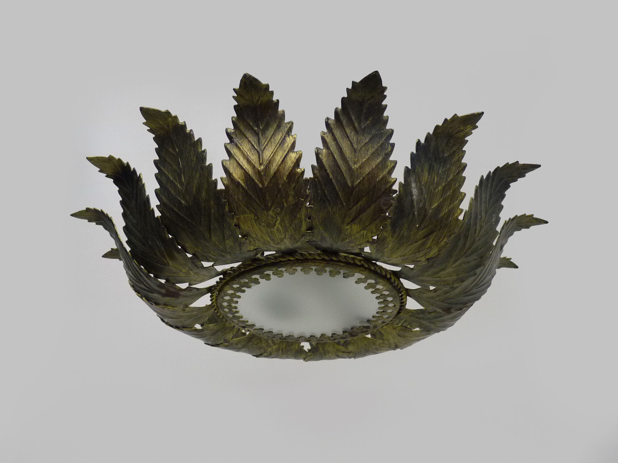 Sun ceiling lamp, double light gilded metal foliage, year 70