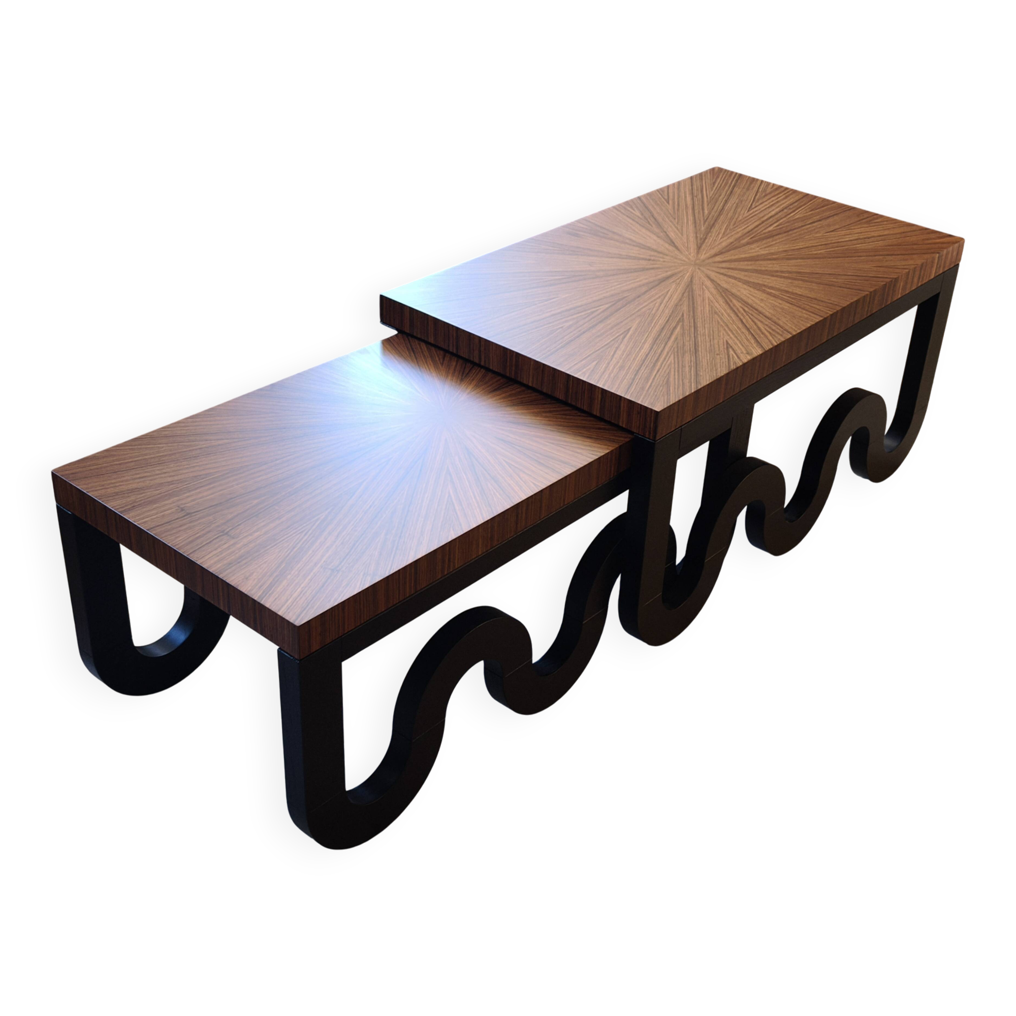 Nest of coffee tables in lacquer and rosewood veneer.