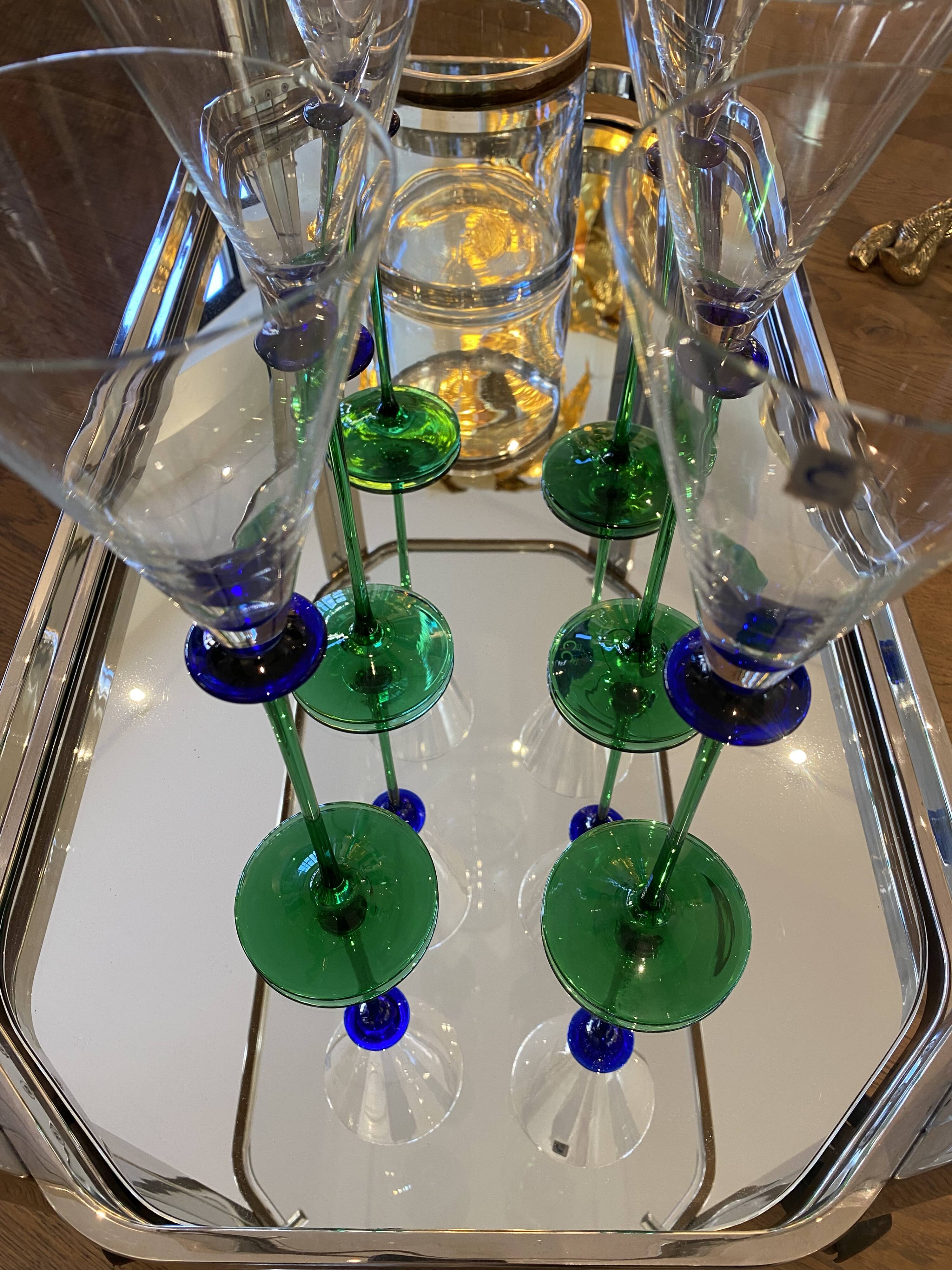 A Set of 6 Hand-blown Emerald Green Cobalt Blue Stem Champagne Flutes Art
