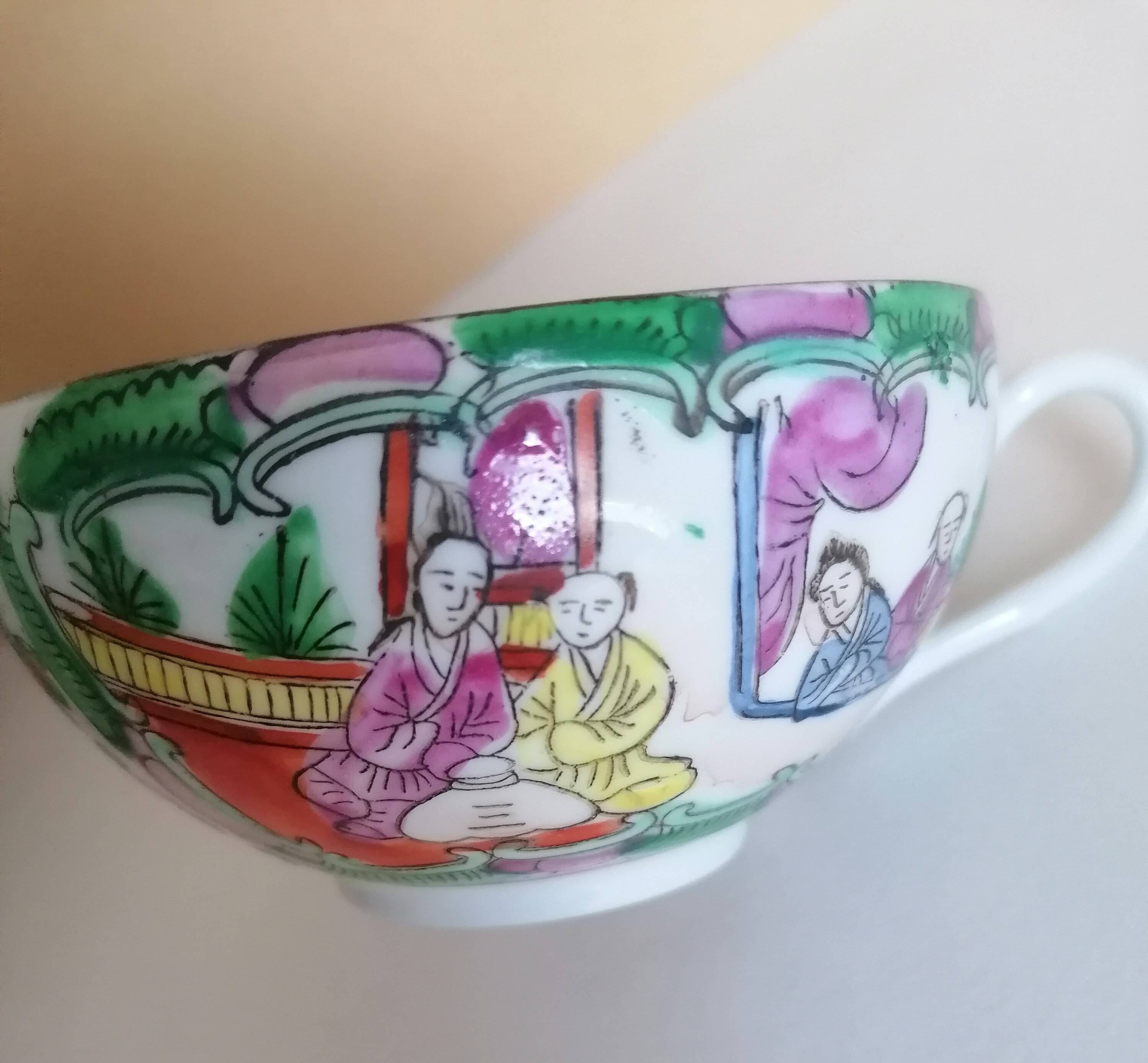 Canton porcelain tea service with 6 cups and teapot.