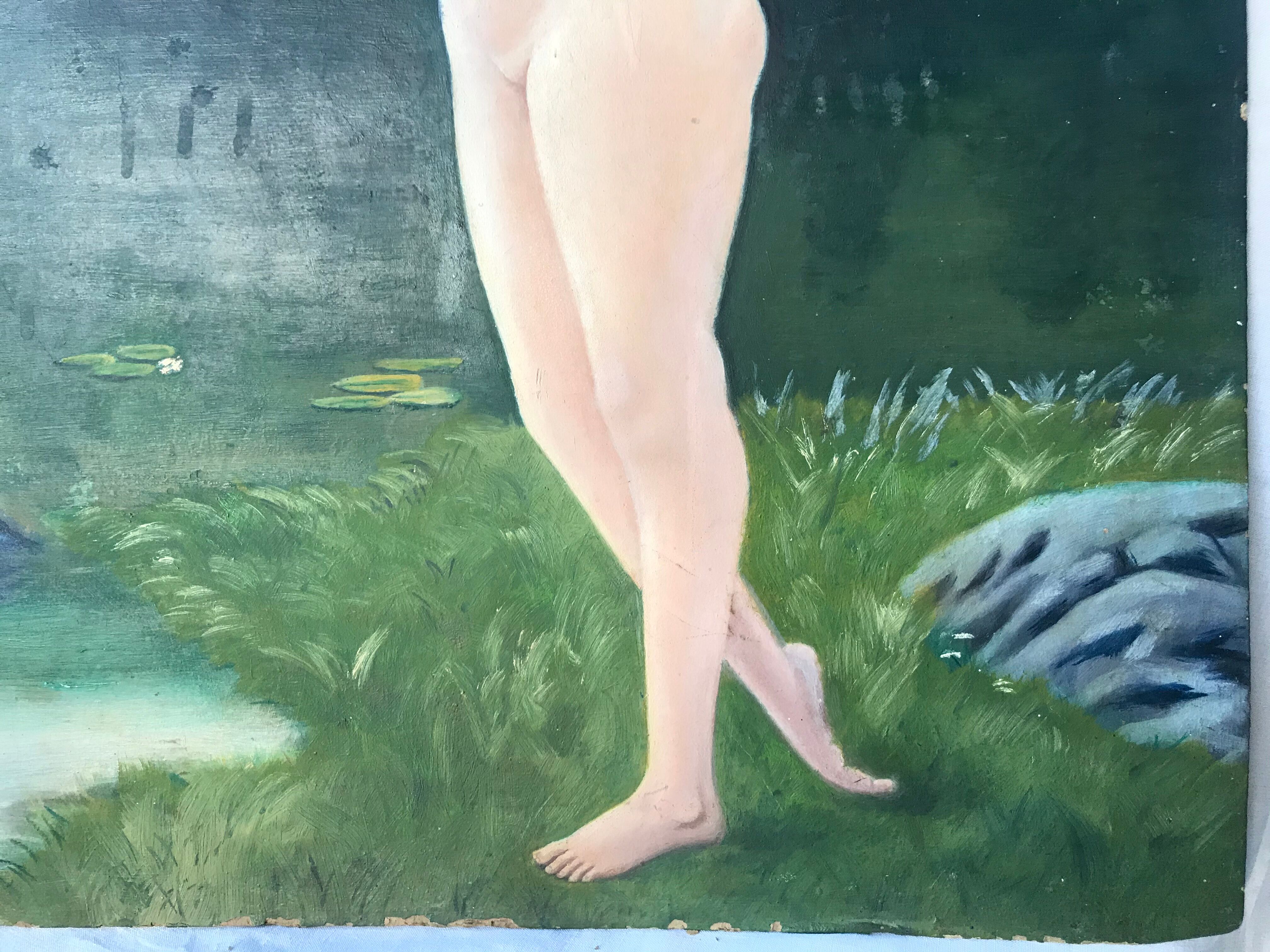 Old oil painting on large format cardboard 1920 nymph at the edge of a lake