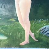 Old oil painting on large format cardboard 1920 nymph at the edge of a lake