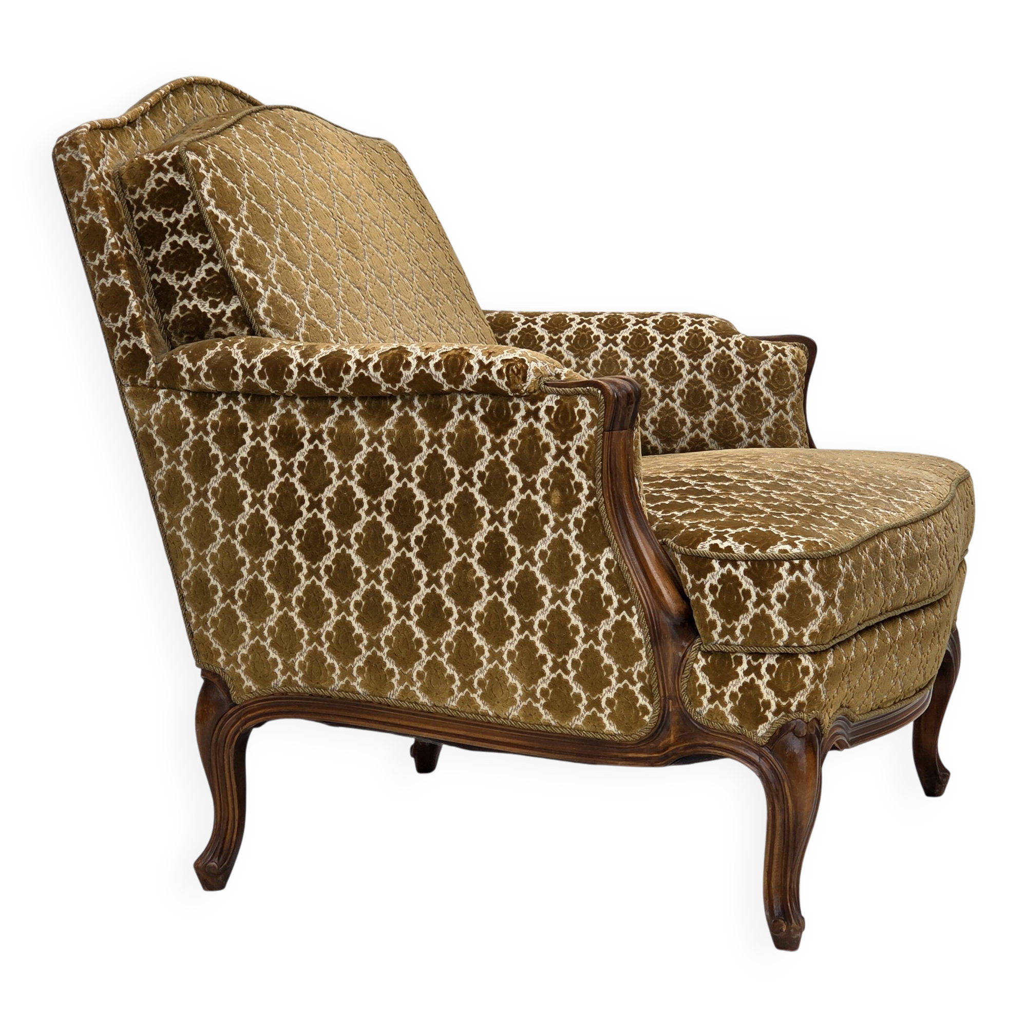 1950s, Danish relax chair, furniture velour, carved ash wood.