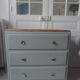 Compass feet vintage gray green, 3 drawers, wooden tray.