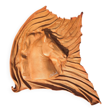 Bas-relief cuir moulé repoussé Tête de cheval 1980's Artisan maroquinier