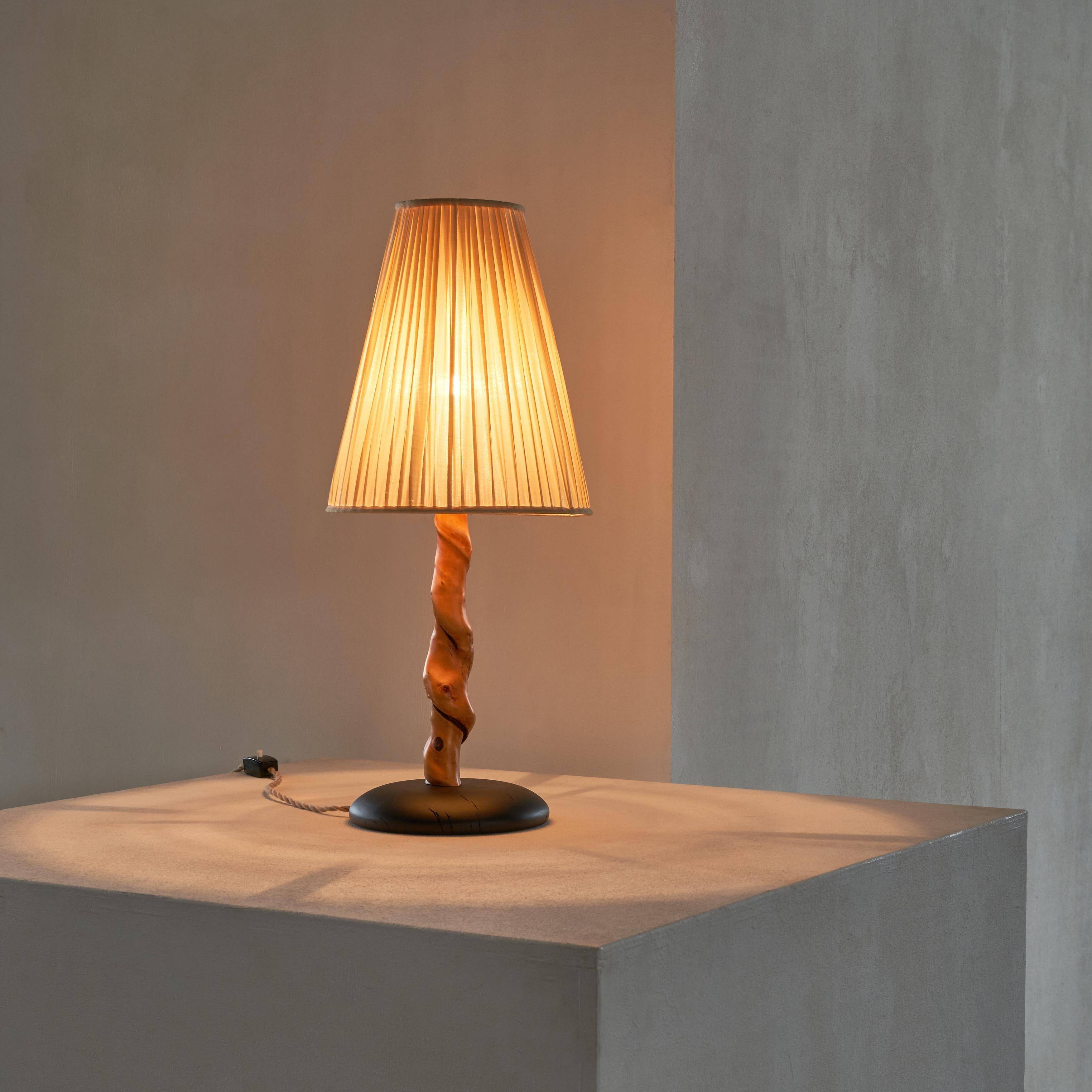 Tree Trunk table lamp in acacia, oak, and linen, 1950s
