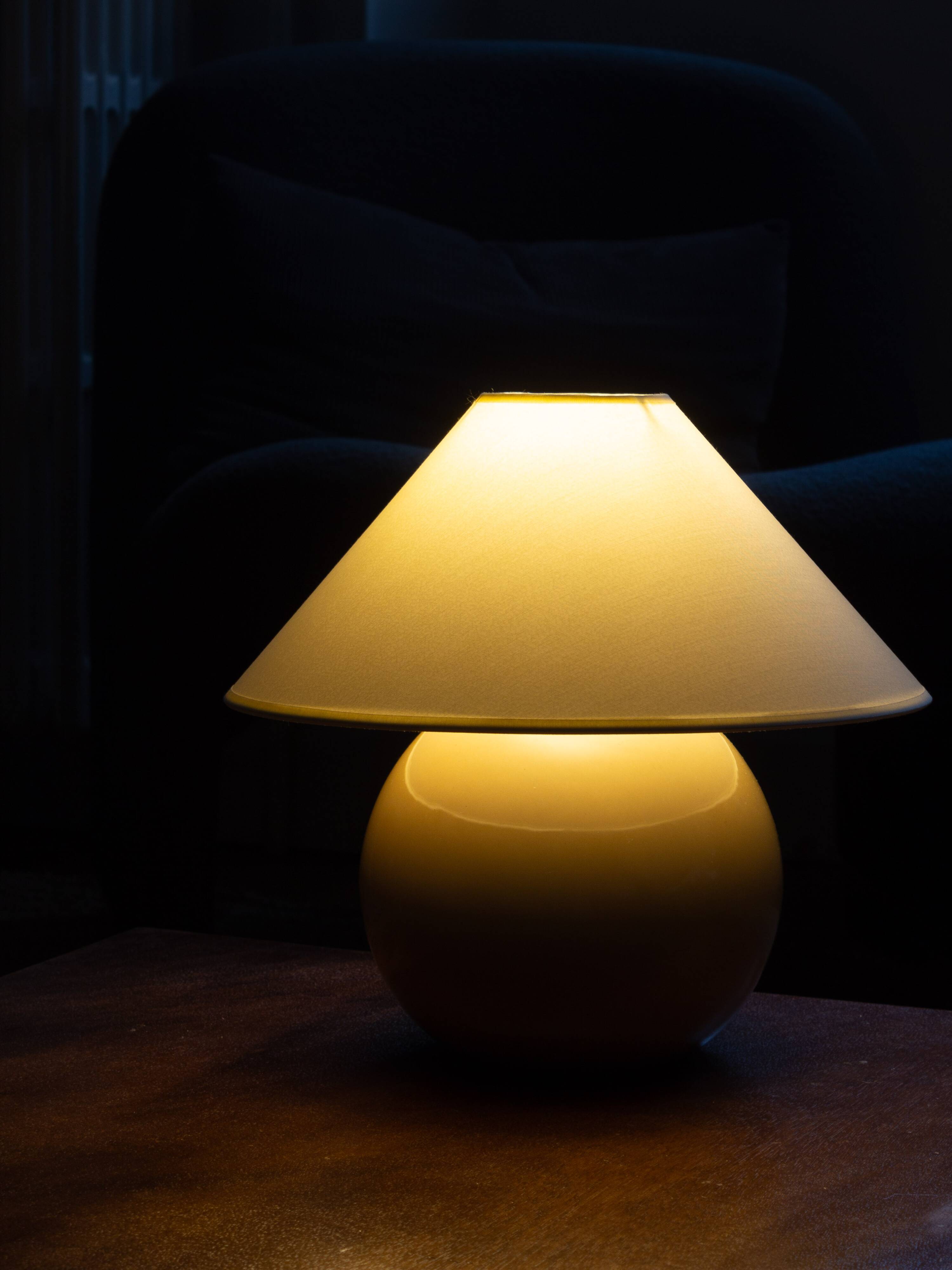 Ceramic ball lamp base in caramel beige color, 70s