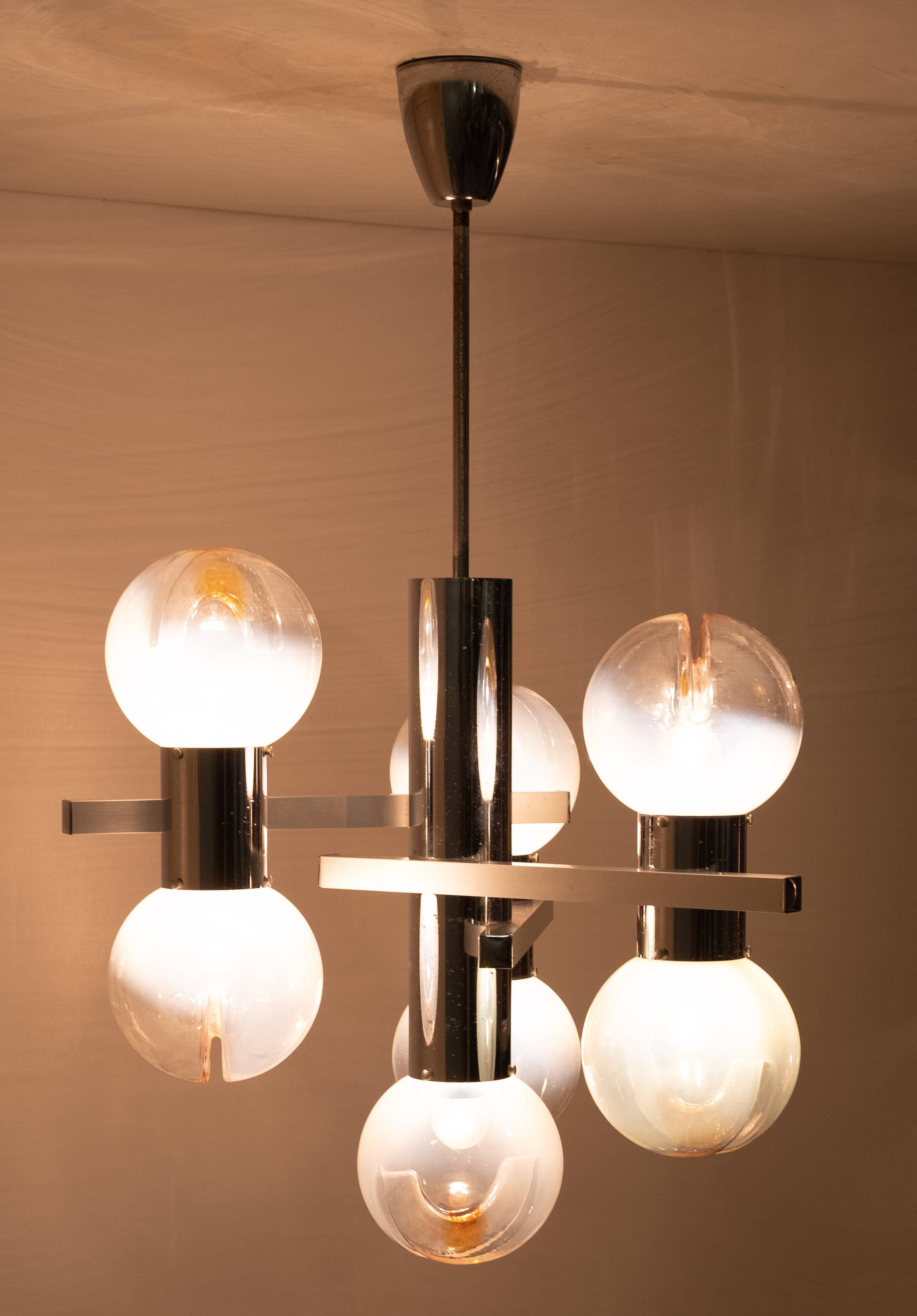 Mazzega Murano Chandelier / Space Age Glass Pendant Light 1970s Italy