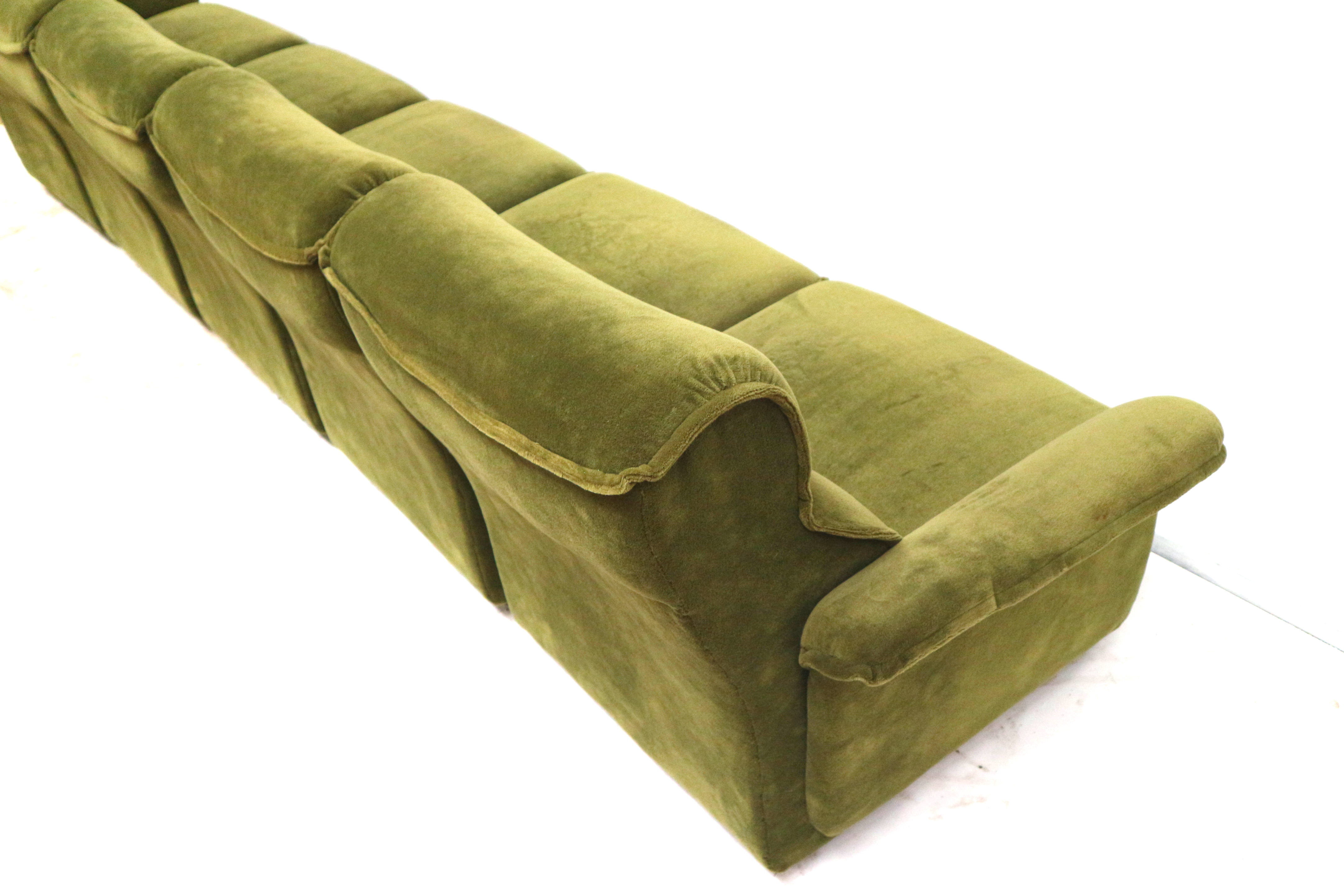Green velvet vintage element sofa made in the 1970s