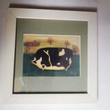 Black and white pig painting disgruntled signed E. B.
