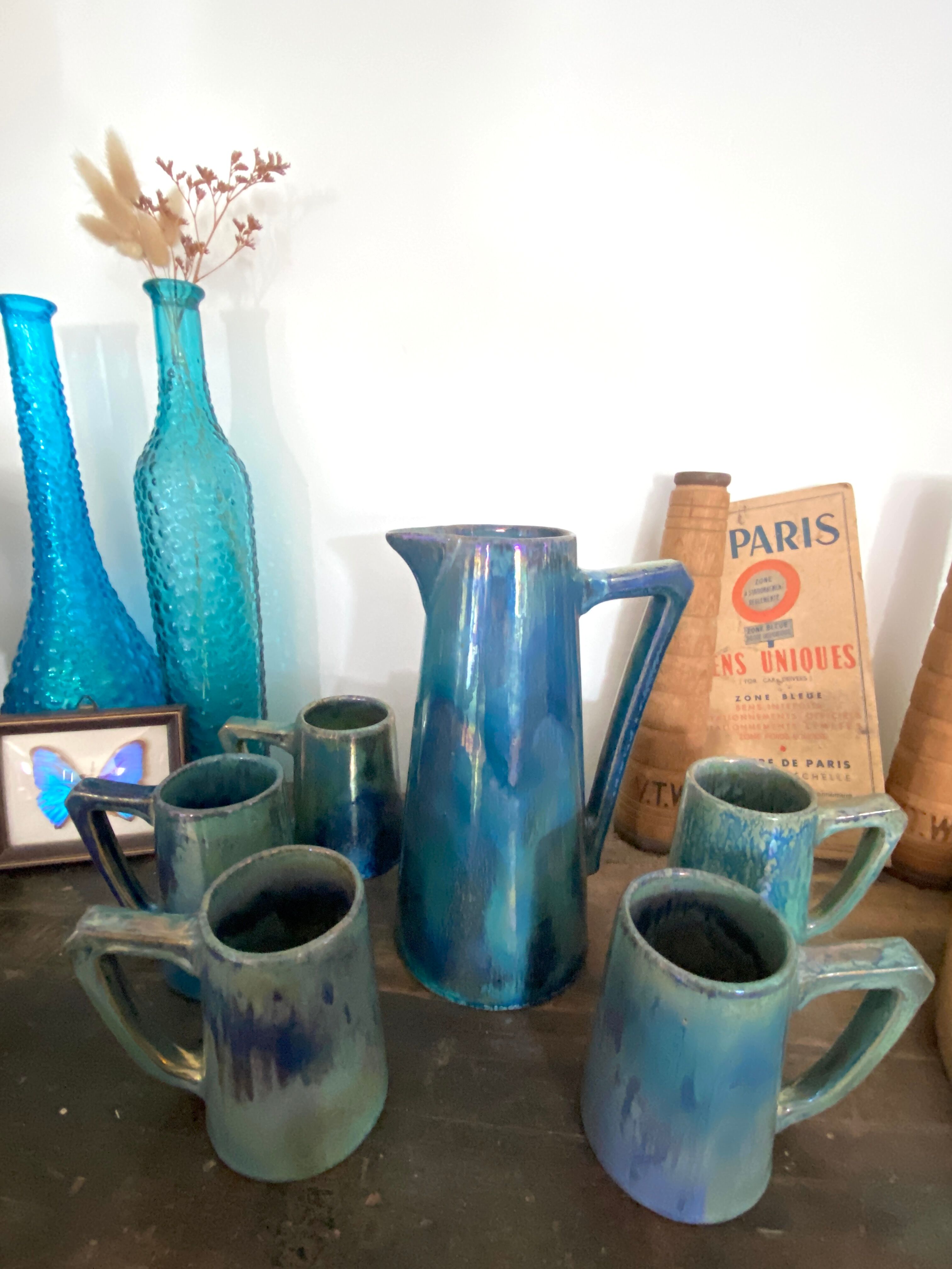 Pichet et tasses en grès rambervillers