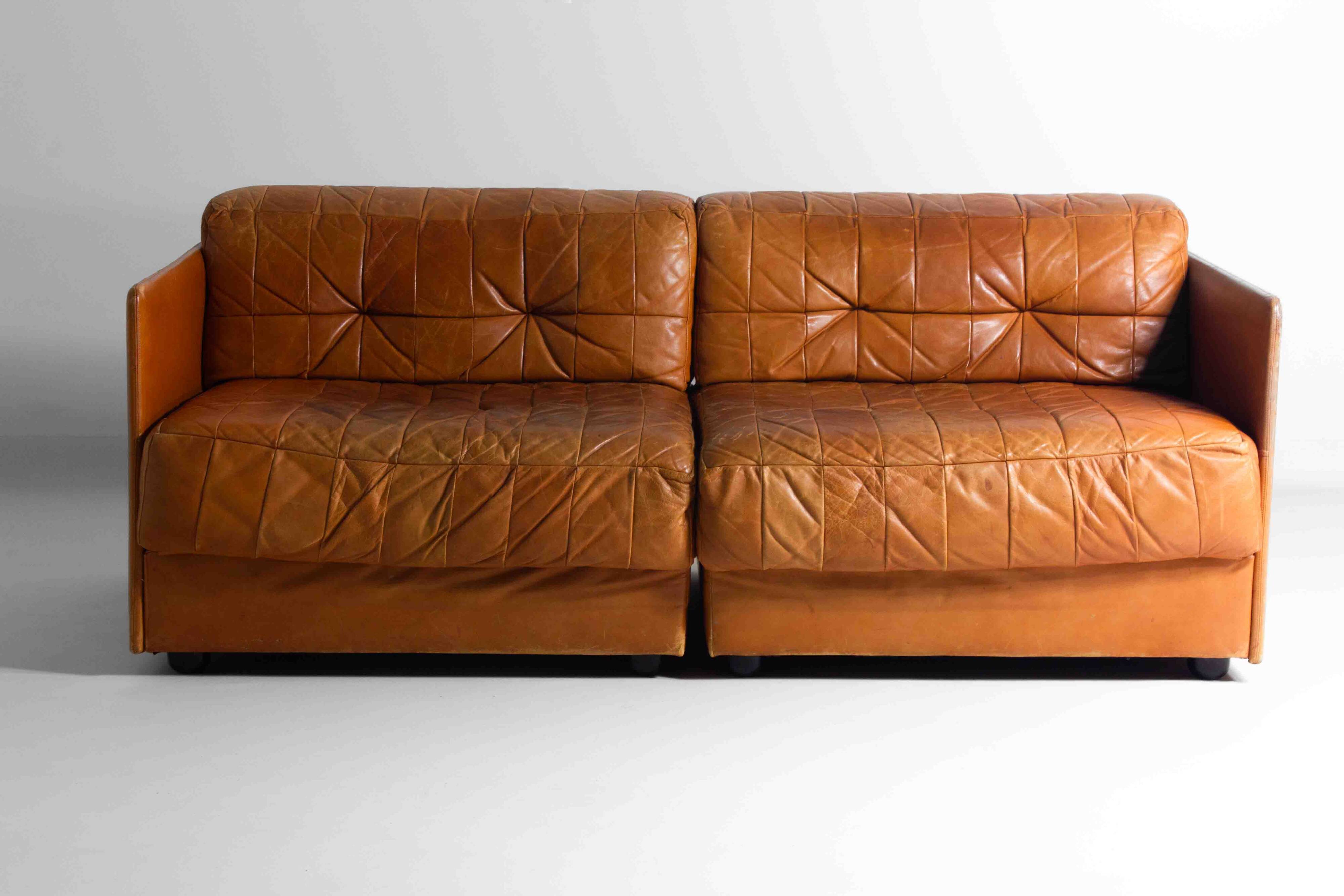 Vintage patchwork leather sofa in caramel leather, Germany 1960s