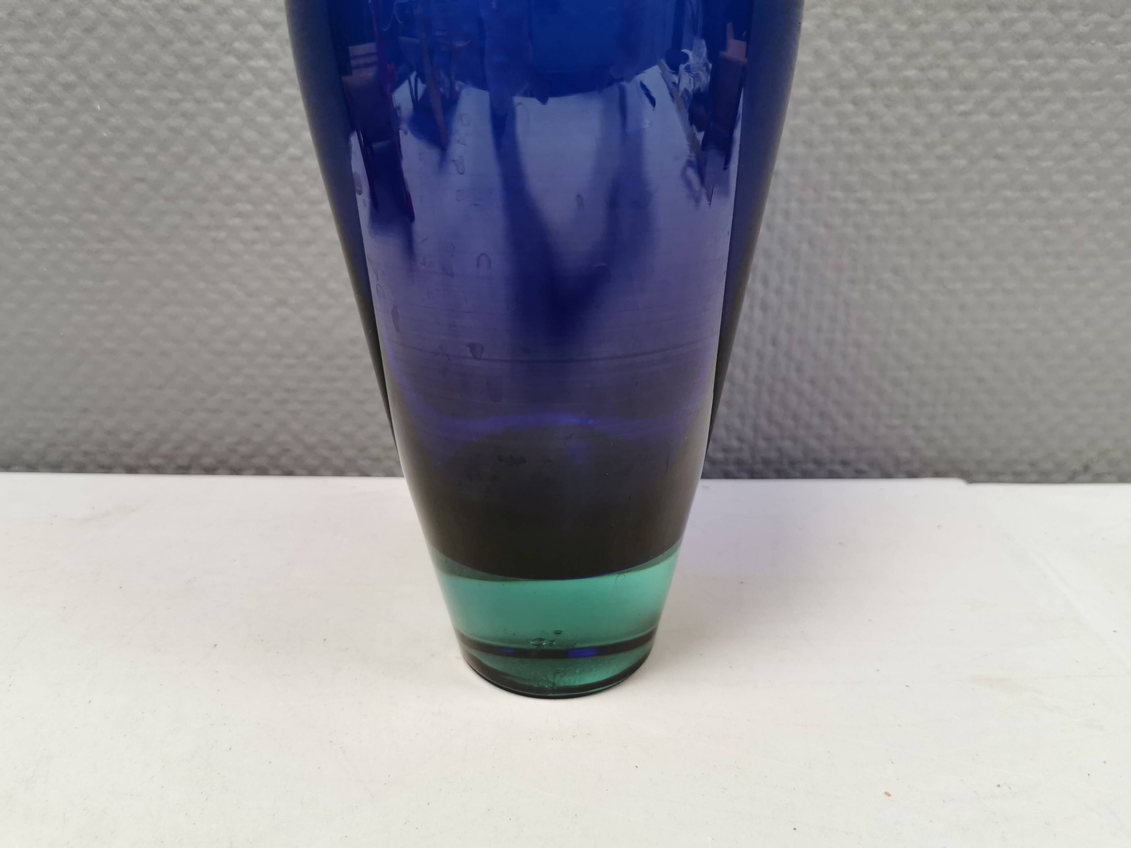 Holmegaard Harlequin Glass vase in blue with thick green base. Designed by Anja Kjær in 1994.