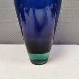 Holmegaard Harlequin Glass vase in blue with thick green base. Designed by Anja Kjær in 1994.