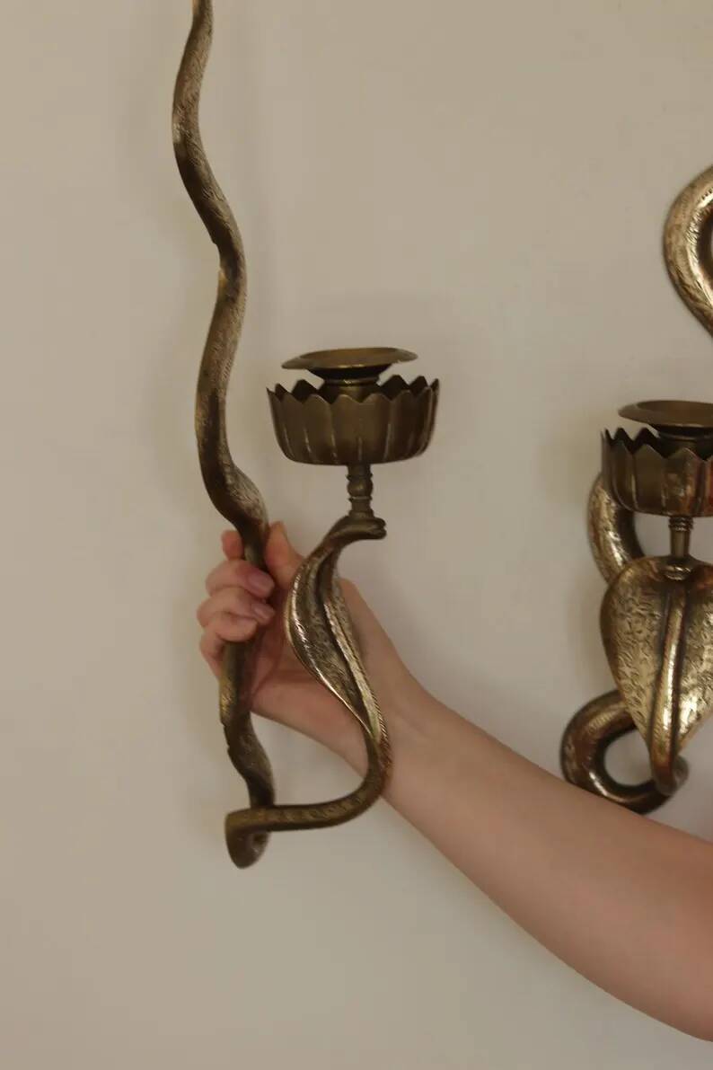 Pair of Egyptian Revival Style Engraved Brass Cobra Sconces
