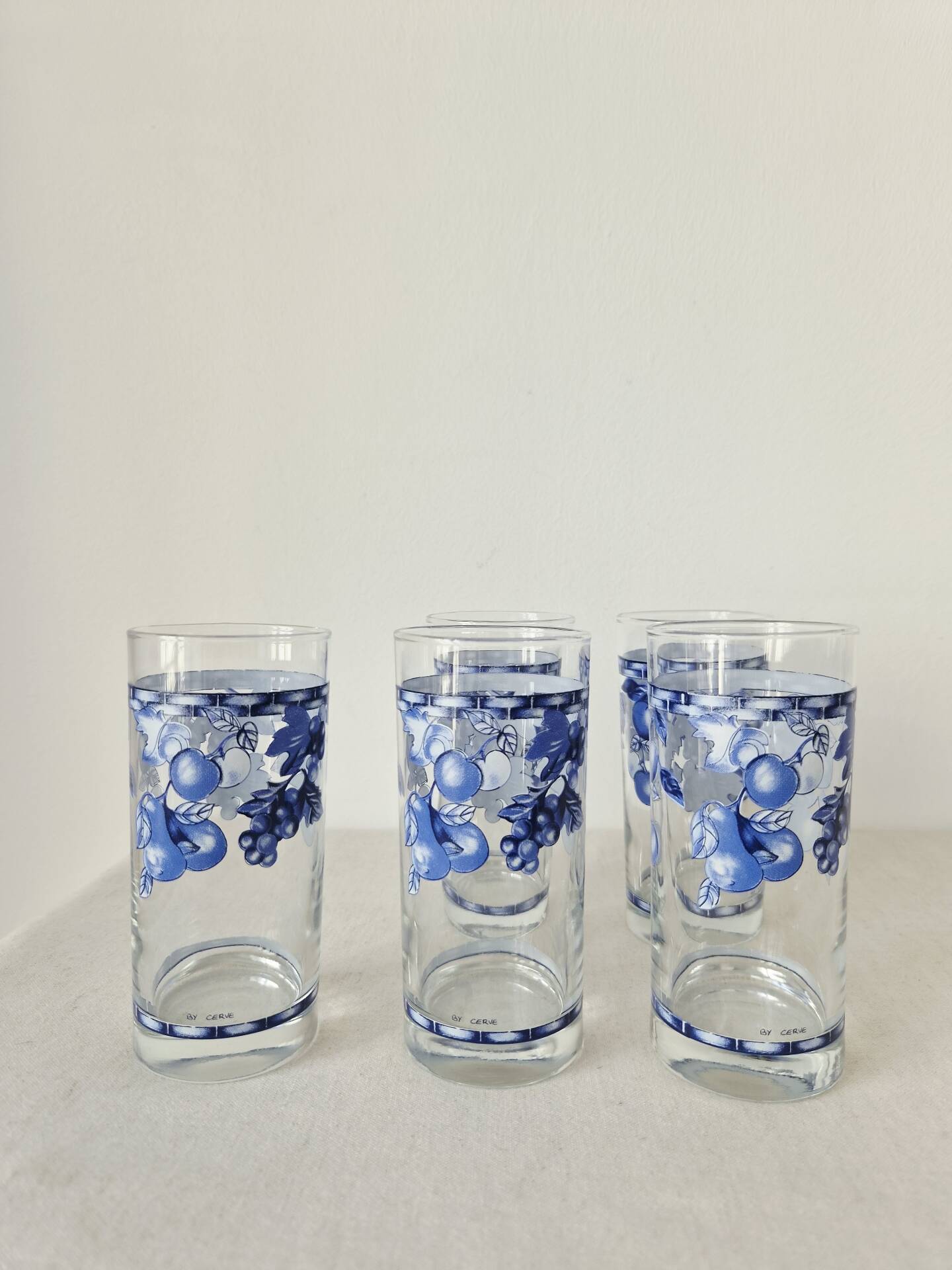 Set of 5 vintage glasses "Blue Fruit Pattern" 1970s - by Cervé Italy