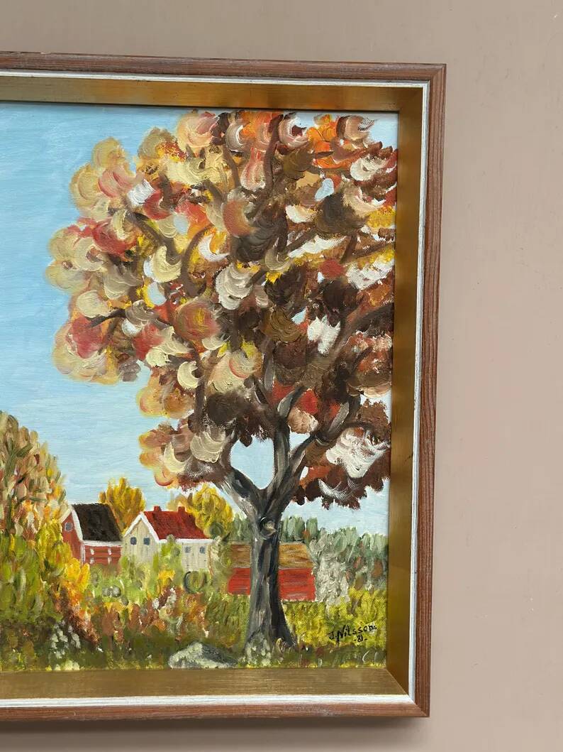 Original Swedish Oil on Canvas - "Autumn Tree" by J. Nilsson - Vintage and Framed - 49 × 38 cm