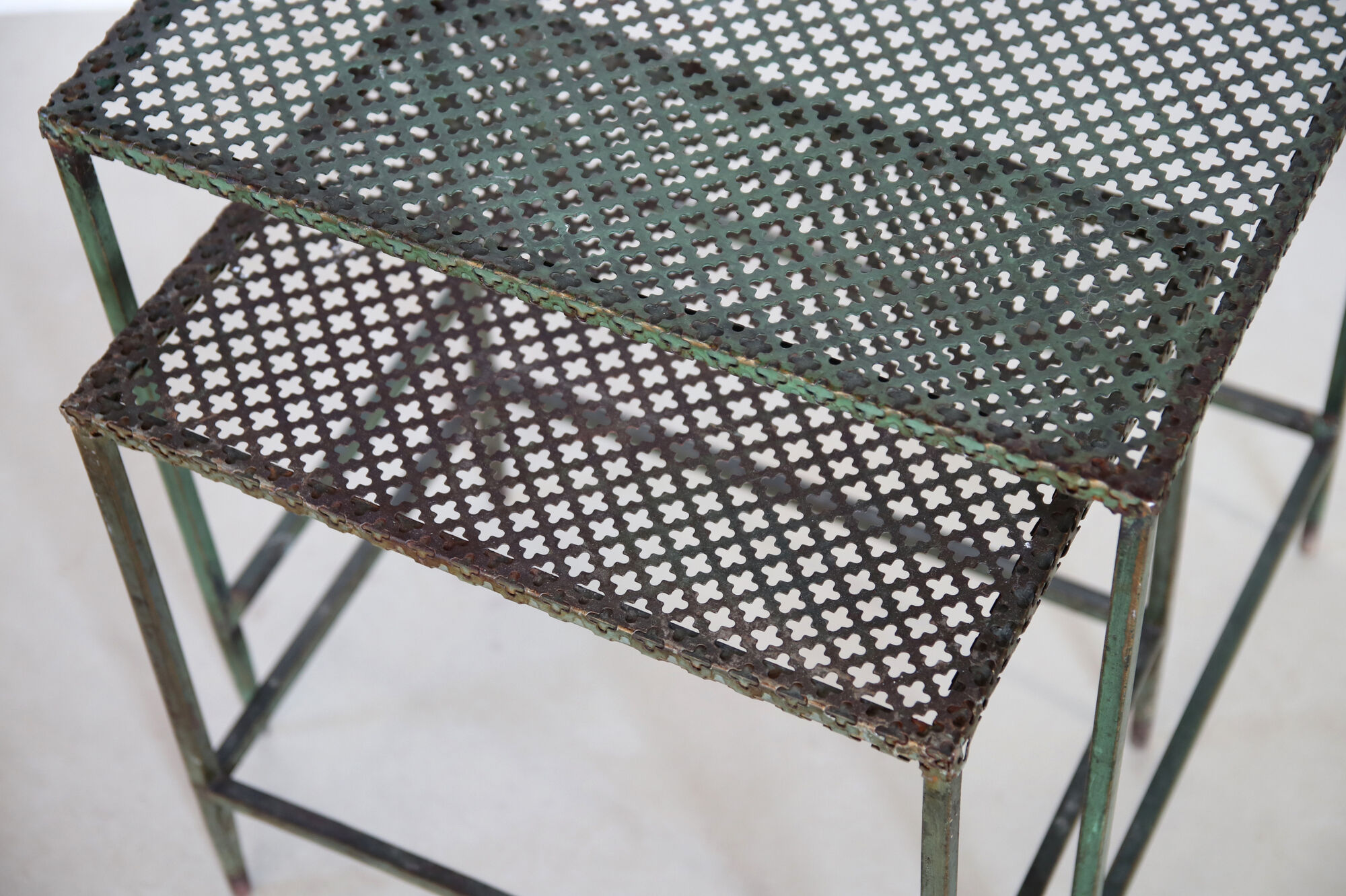Set of two green Mathieu Matégot side tables, 1950s