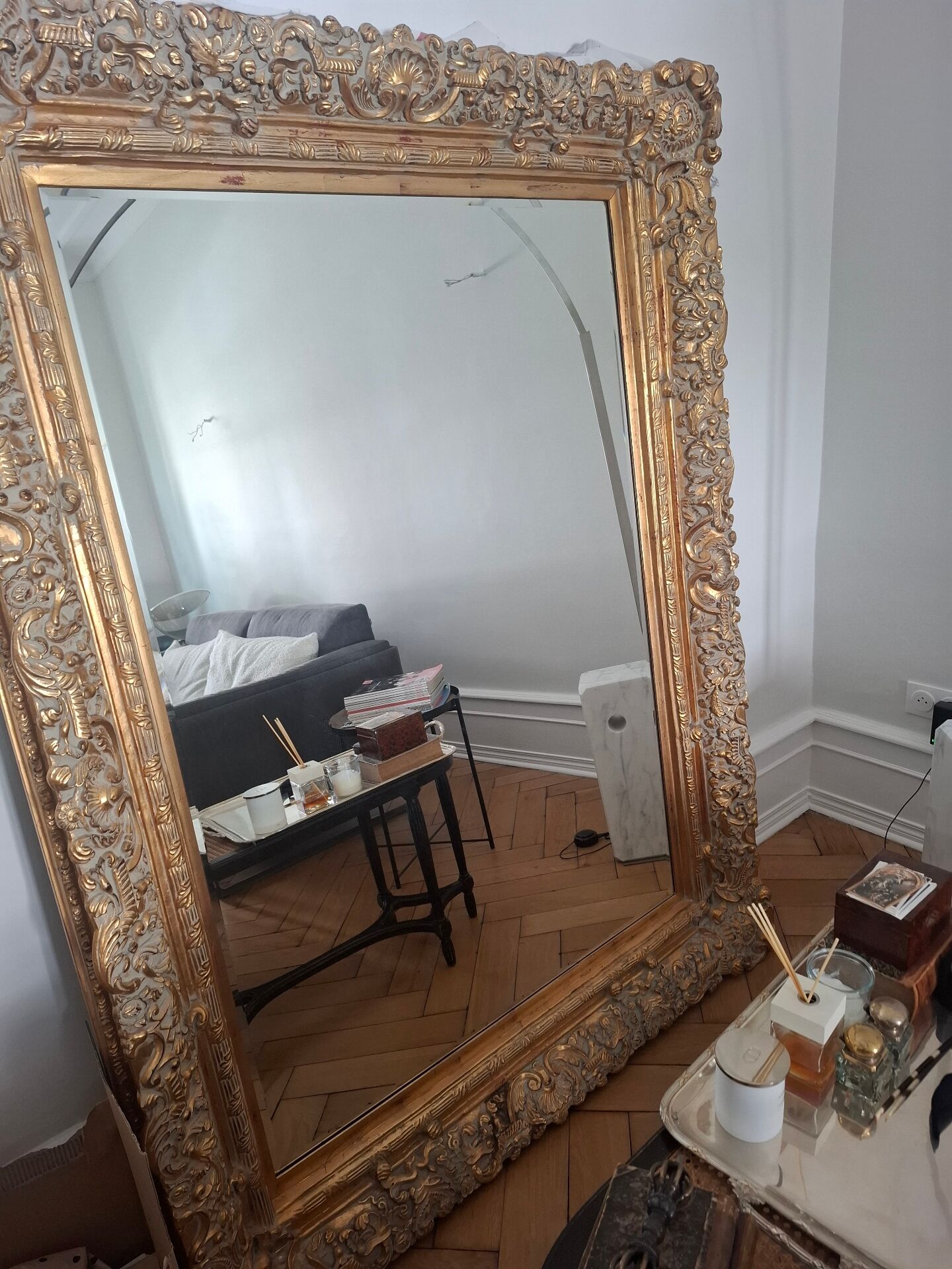 Grand miroir ancien monumental 185x145 bois doré glace biseautée style