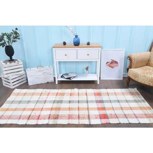 Vintage Turkish Hand-Knotted Wool Cotton White Kilim Runner Rug 107x254