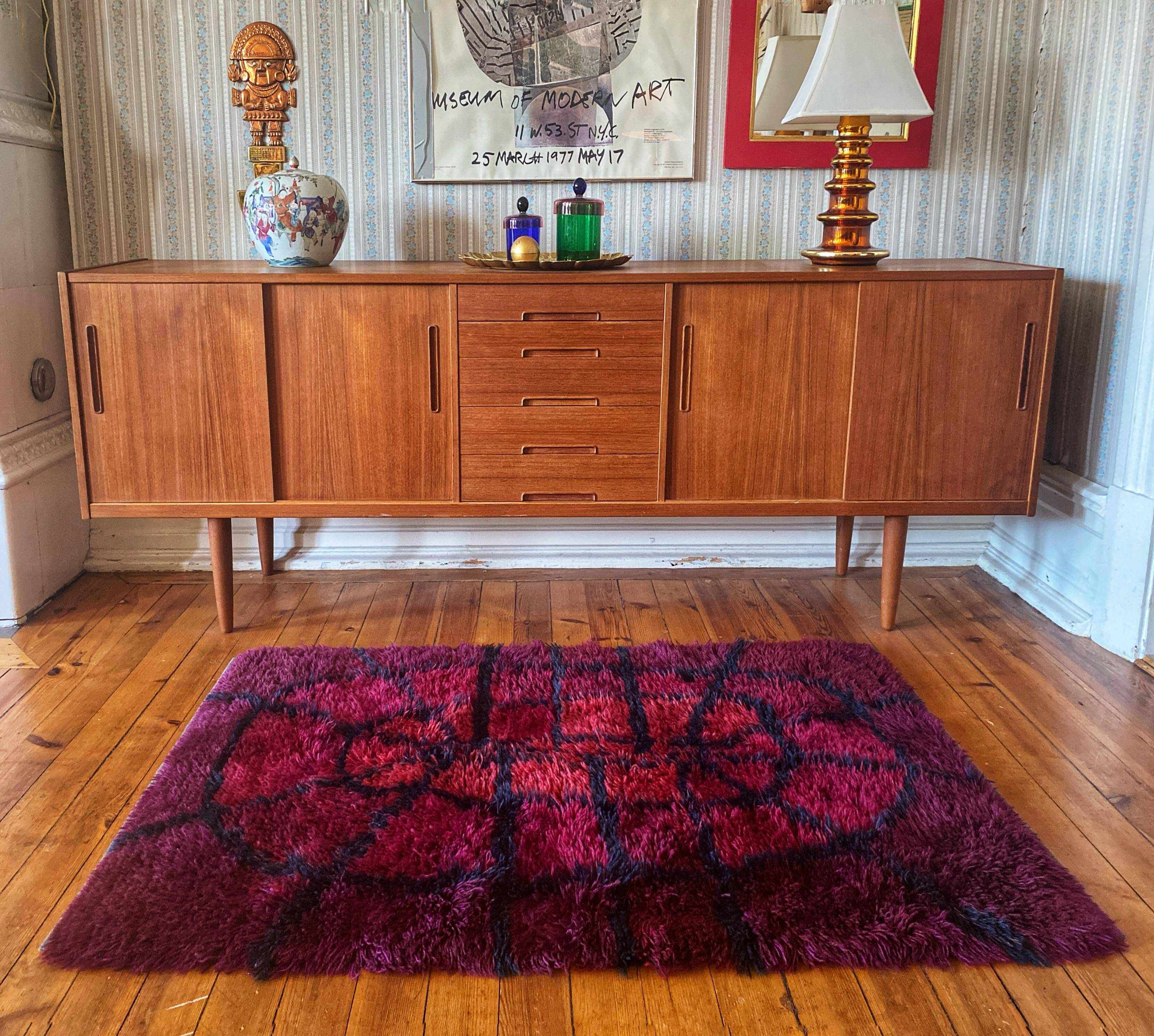 Mid-century Modern Bordeaux Red Rya Rug by Gull-Britt Johansson for NIAB, Sweden