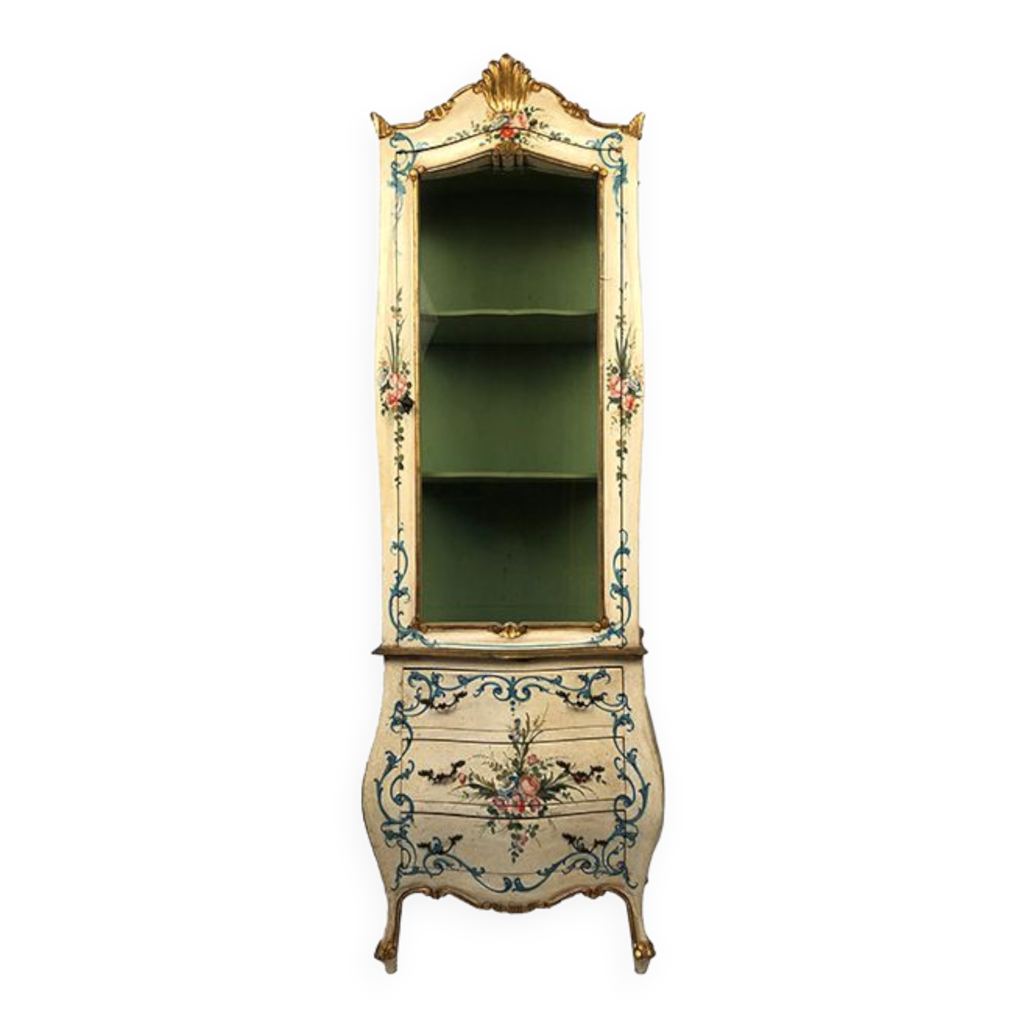 Venetian-style showcase chest of drawers in lacquered wood with flower painted decoration