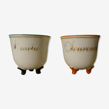 Set of 2 old porcelain tripod cups Friendship Remembrance 19th