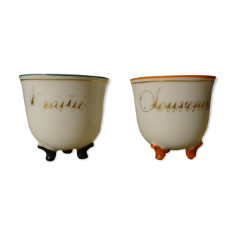 Set of 2 old porcelain tripod cups Friendship Remembrance 19th