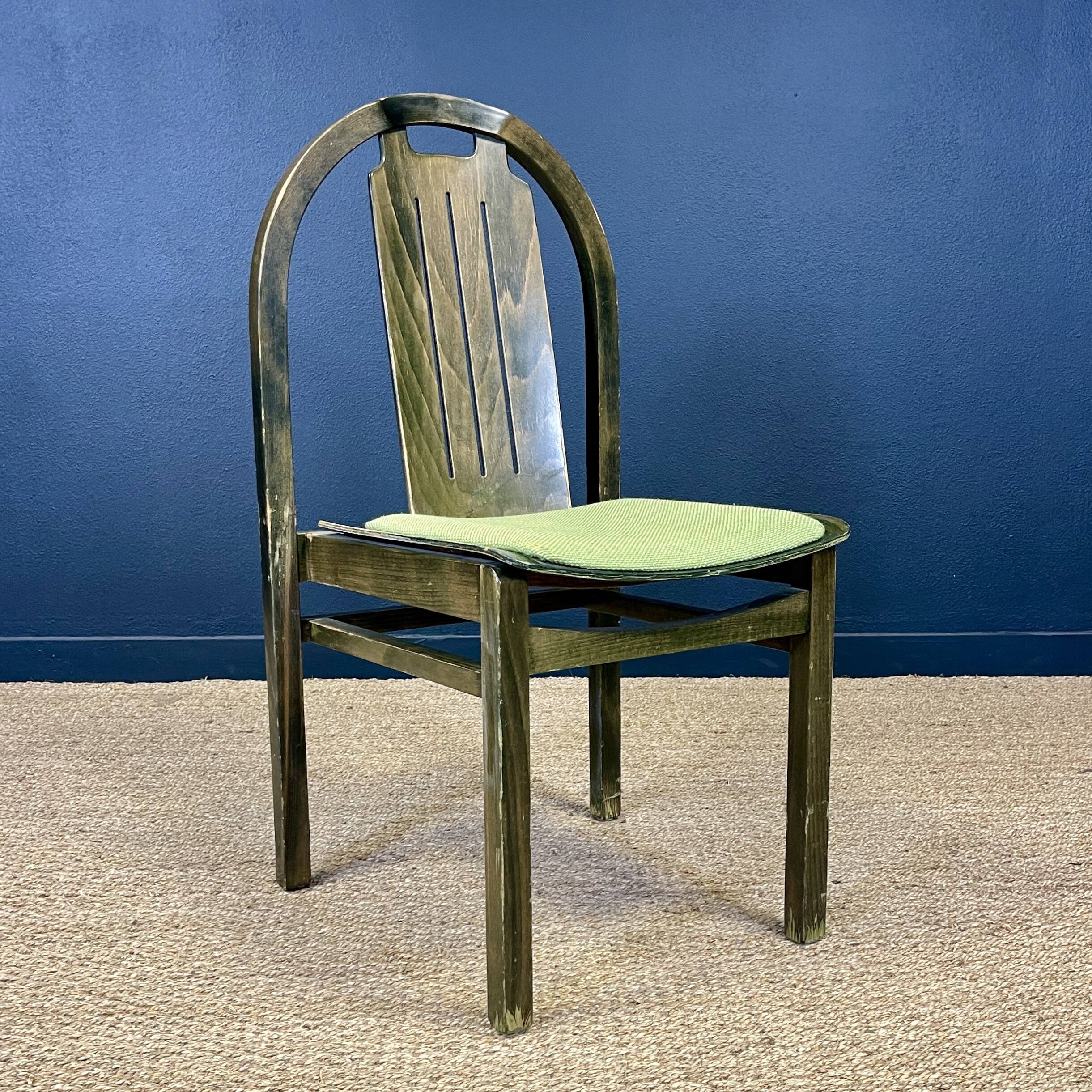 Set of 8 Baumann Argos bistro chairs wood and green fabric 80s France