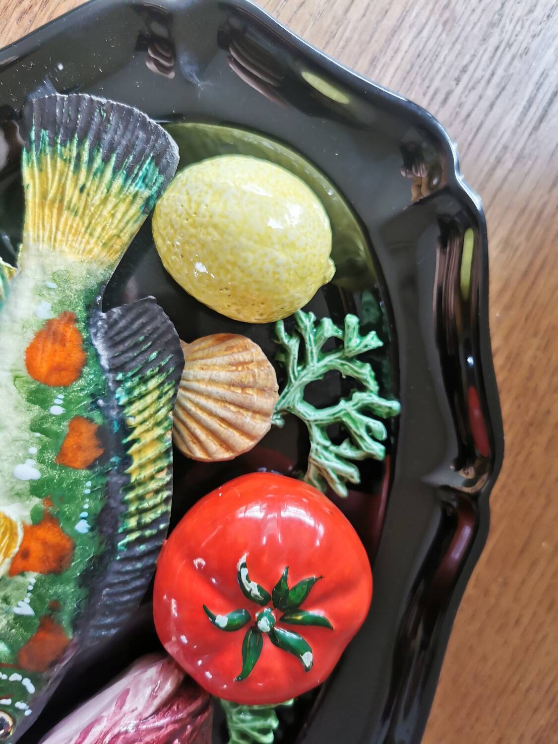 Vintage barbotine dish with fish decoration in relief