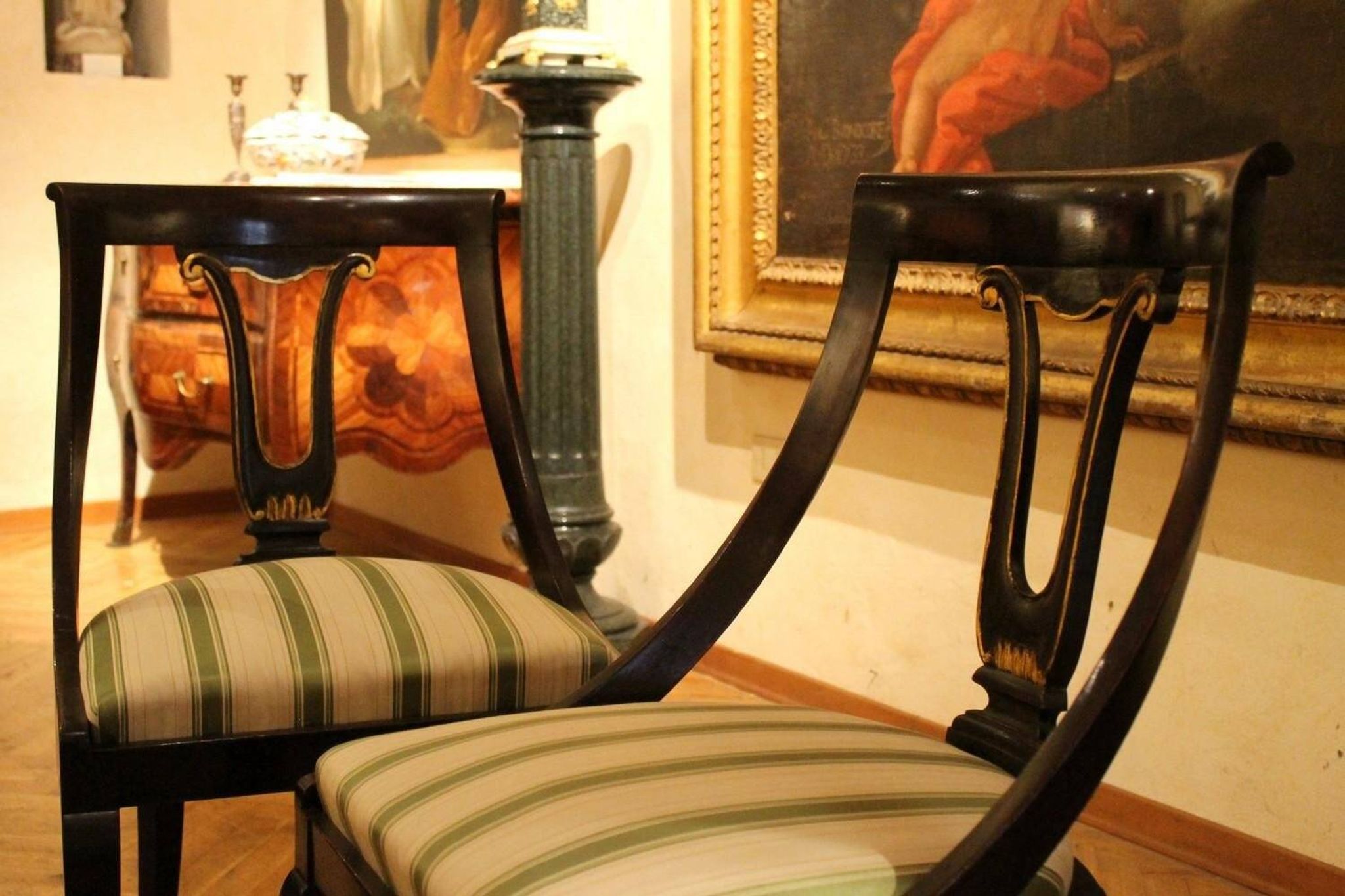 18th Century French Directoire Mahogany Chairs with Silk Blend Upholster Fabric, Set of 4