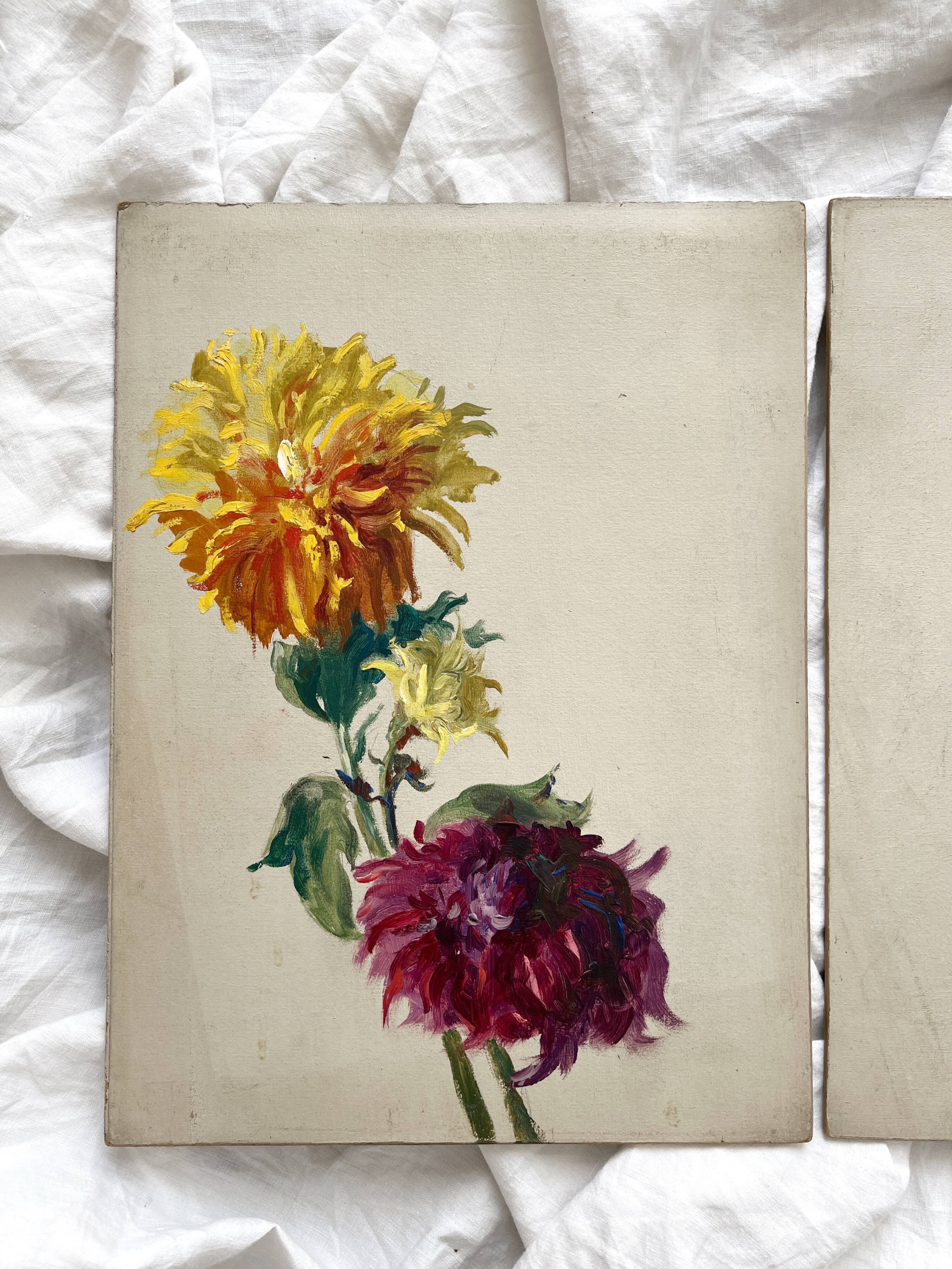 2 paintings on old cardboard dahlia flowers
