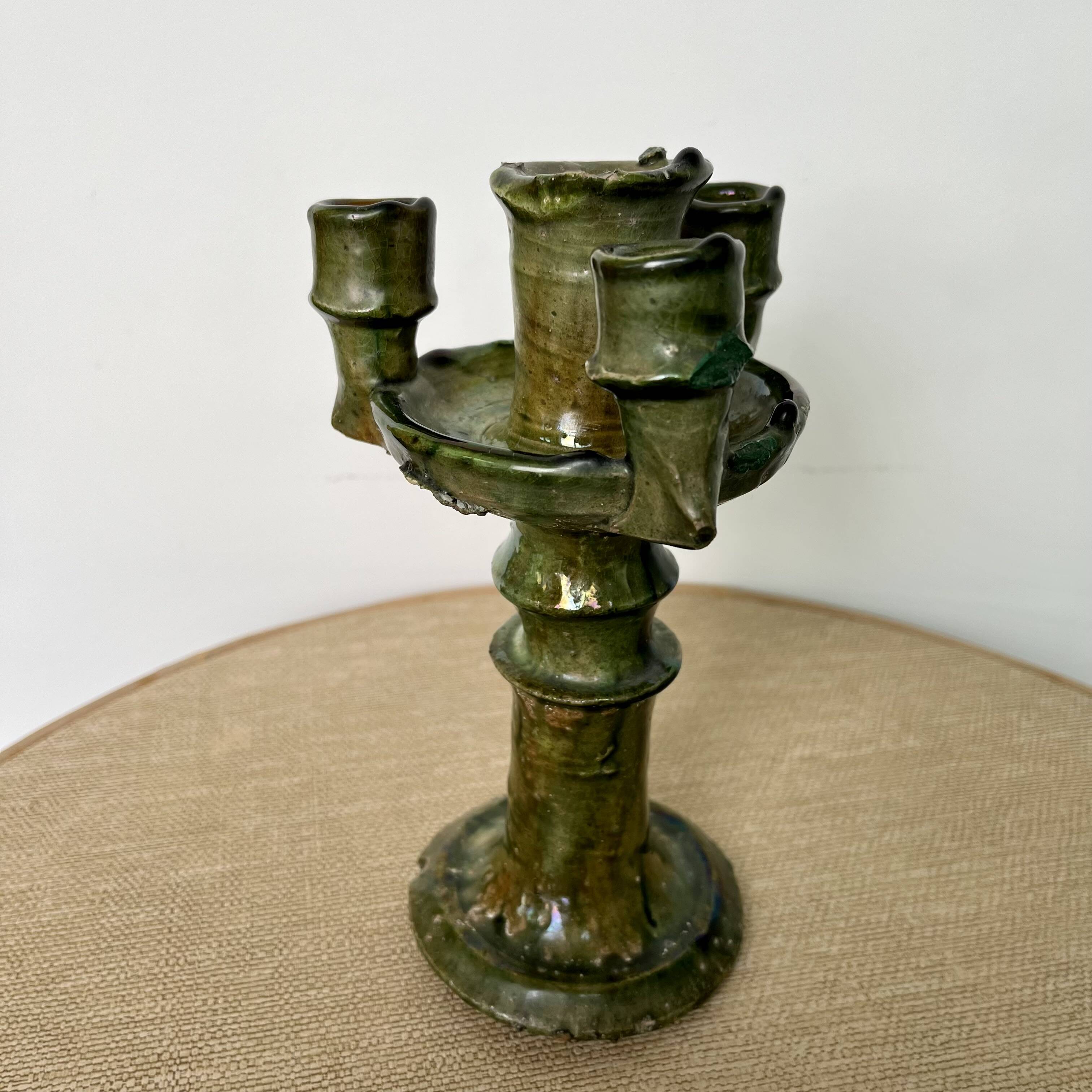 Antique Tamegroute candle holder oil lamp pottery Morocco terracotta