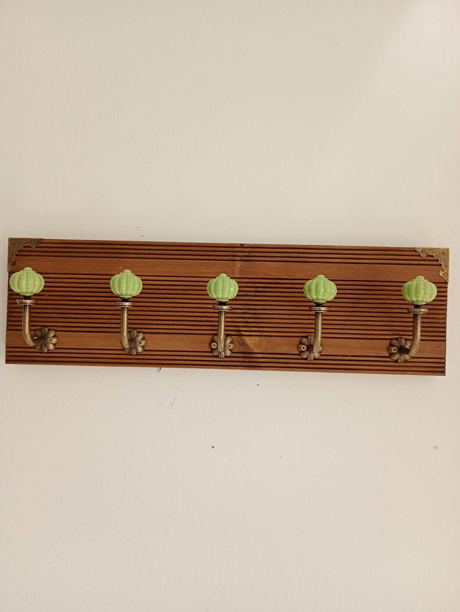 Wall-mounted coat rack with 5 hooks in sage green, stained wood and patinated metal – 50cm
