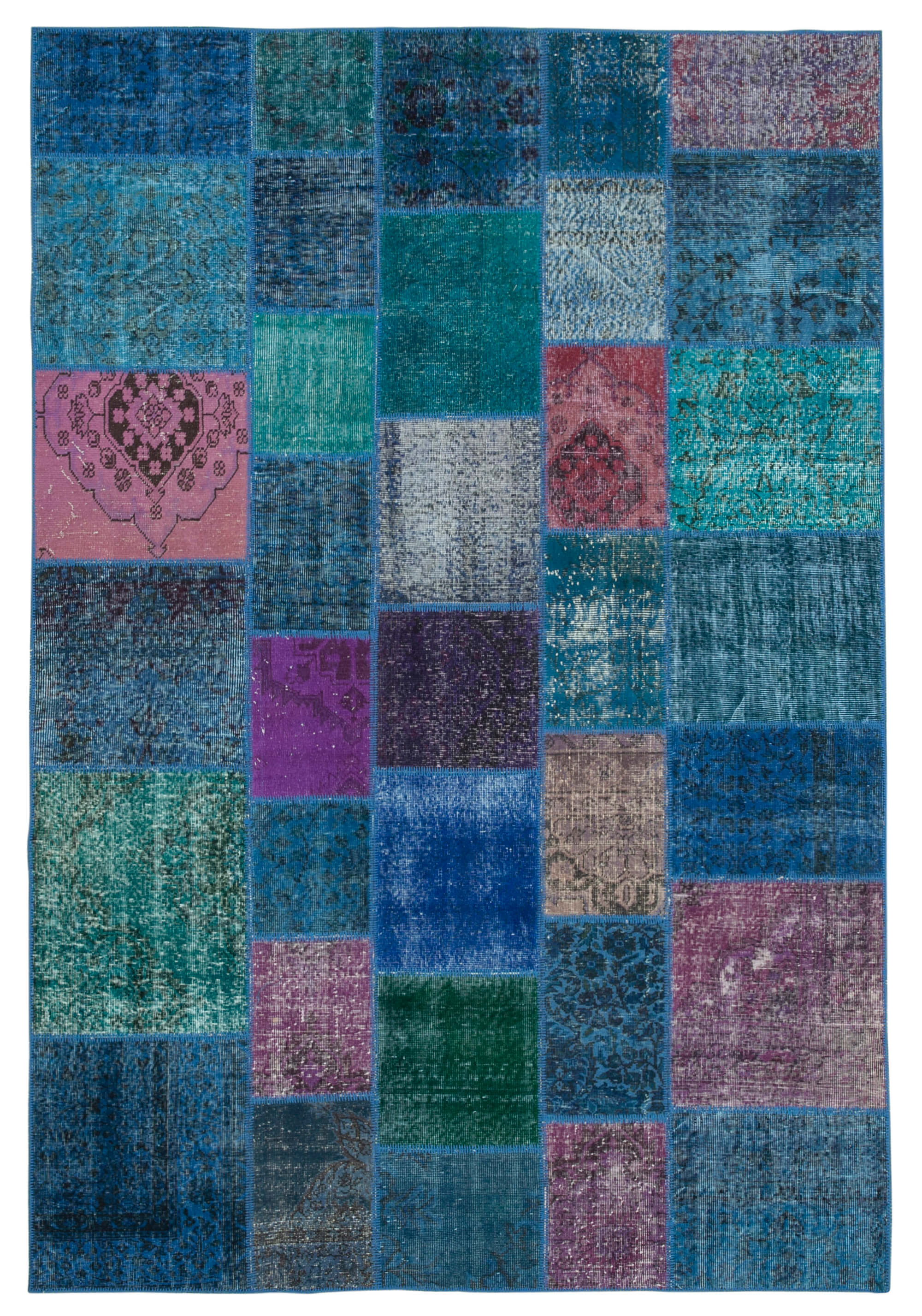 Handwoven anatolian contemporary 204 cm x 300 cm blue patchwork carpet