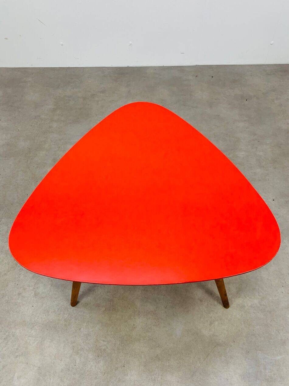 Steiner tripod side table by Baumann, wood, red top, 60s