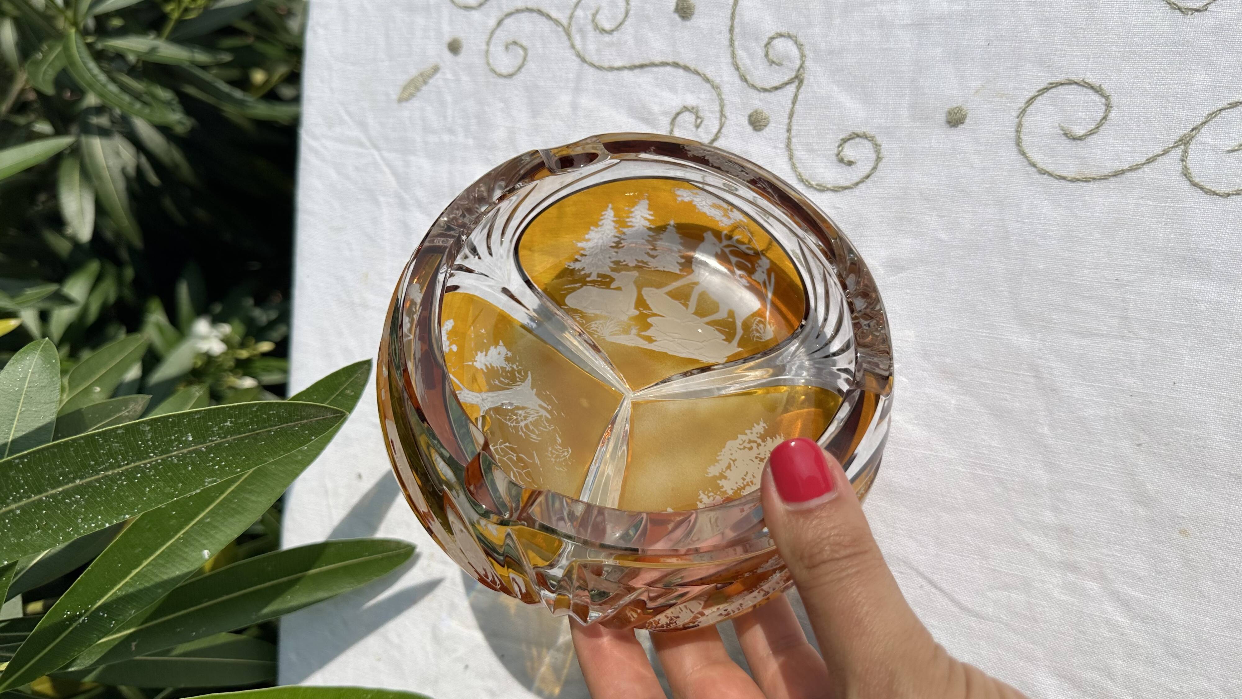Magnificent Vintage Bohemian Ashtray in Cut Crystal of Yellow Orange